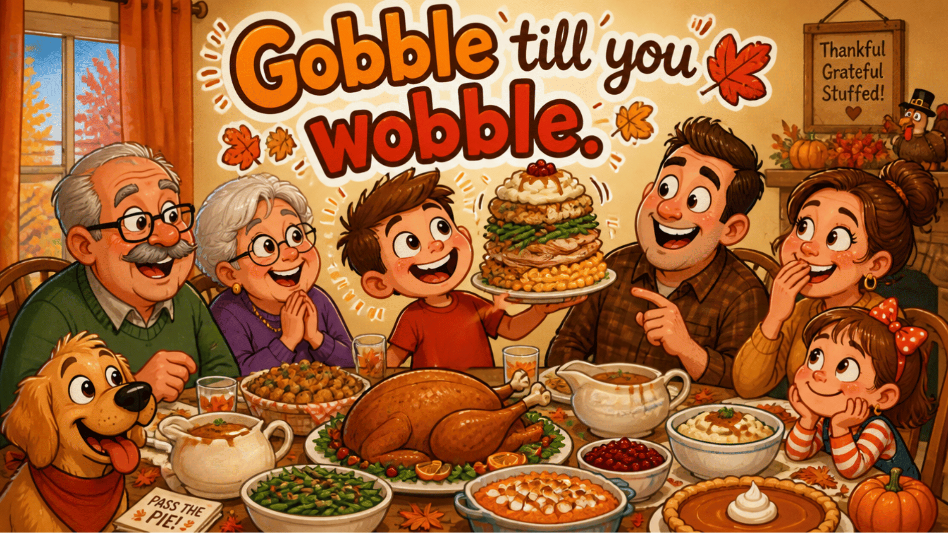 happy family at thanksgiving dinner watching giant sandwich while text says gobble till you wobble