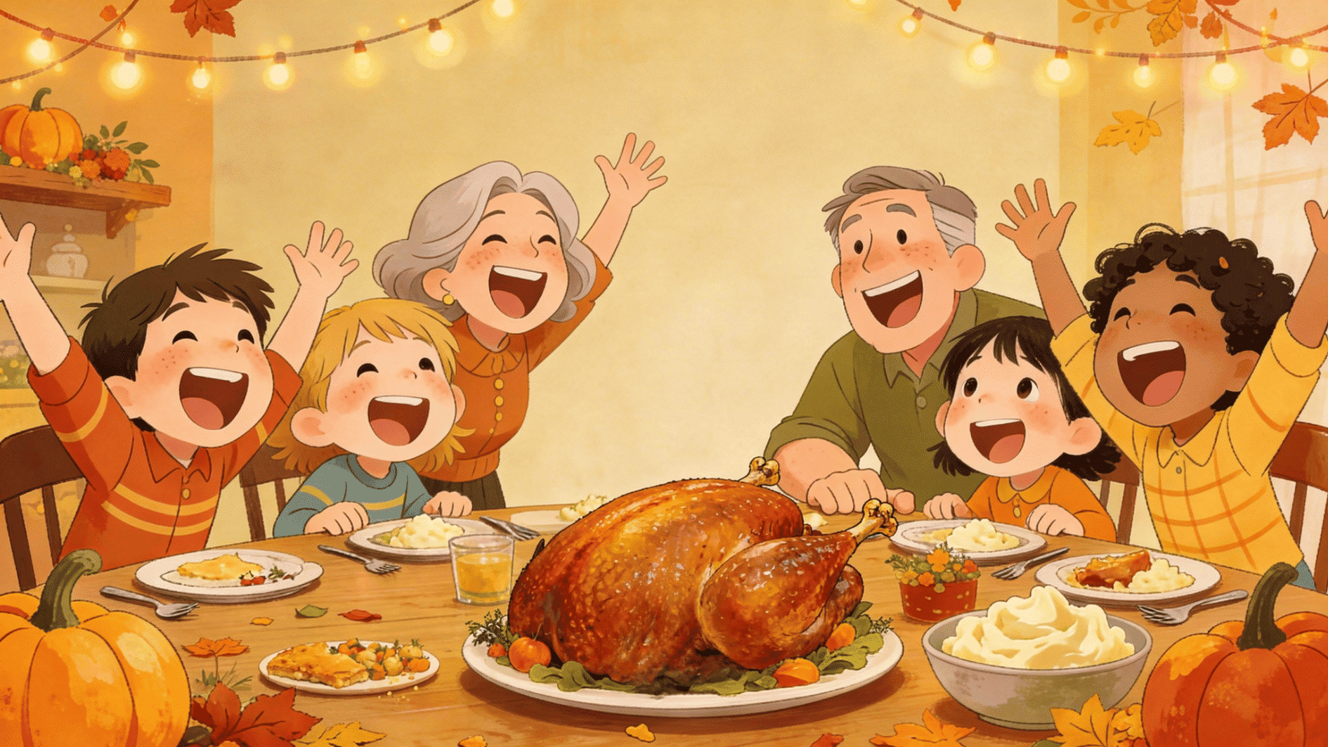 happy family cheering around roasted turkey dinner table with mashed potatoes pumpkins and autumn lights thanksgiving celebration scene
