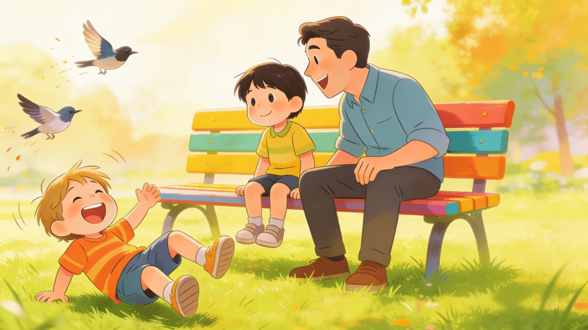 happy father and children playing near colorful park bench with birds flying in warm sunny cartoon scene