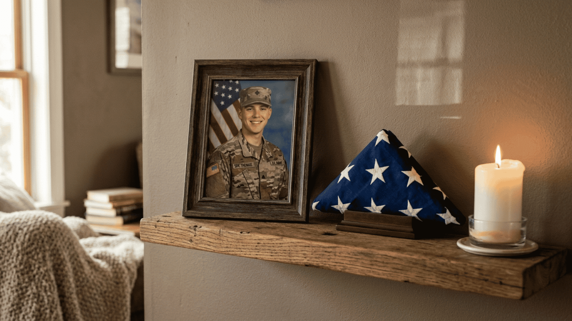 home tribute with framed soldier photo folded american flag and lit candle on a wooden shelf