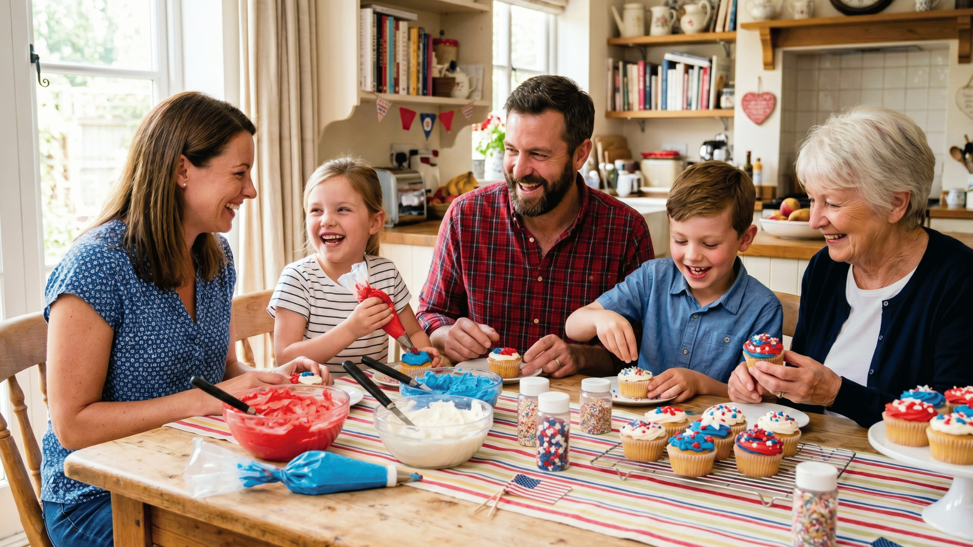 kids and parents decorating cupcakes with colorful icing, messy hands, bright and cheerful setup (1)