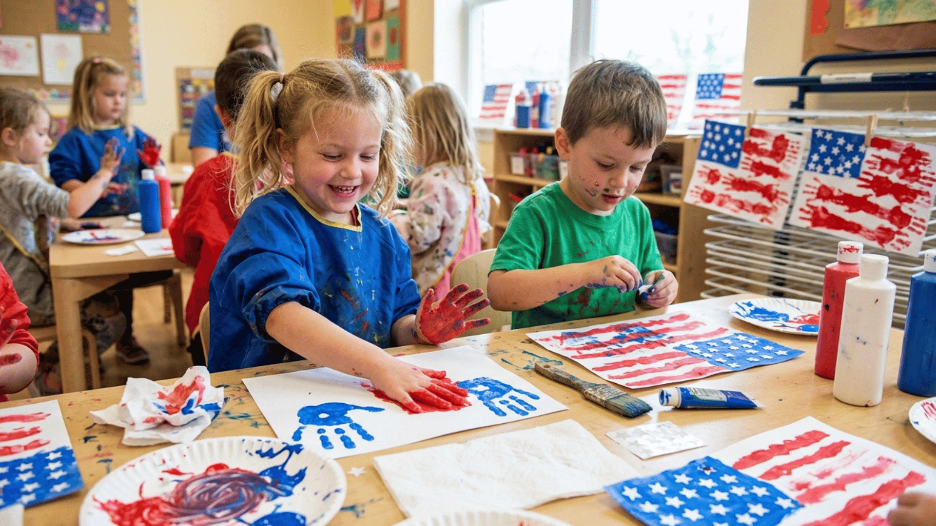 kids creating handprint American flag art using red and blue paint on paper.