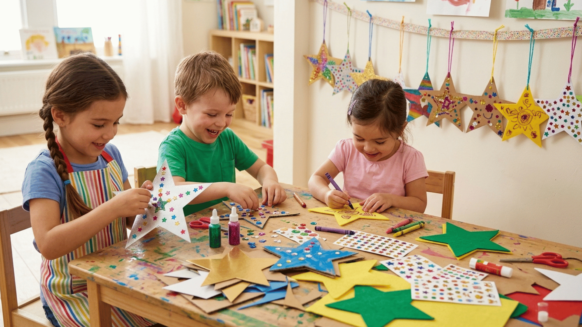 kids decorating colorful star-shaped crafts with stickers and glitter at table.