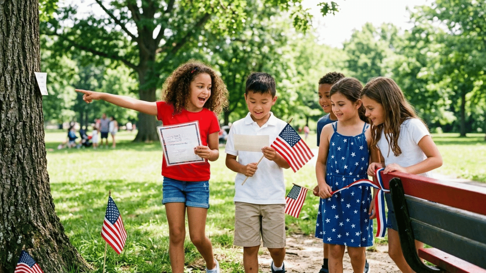 kids doing patriotic scavenger hunt outdoors with flags and clue cards