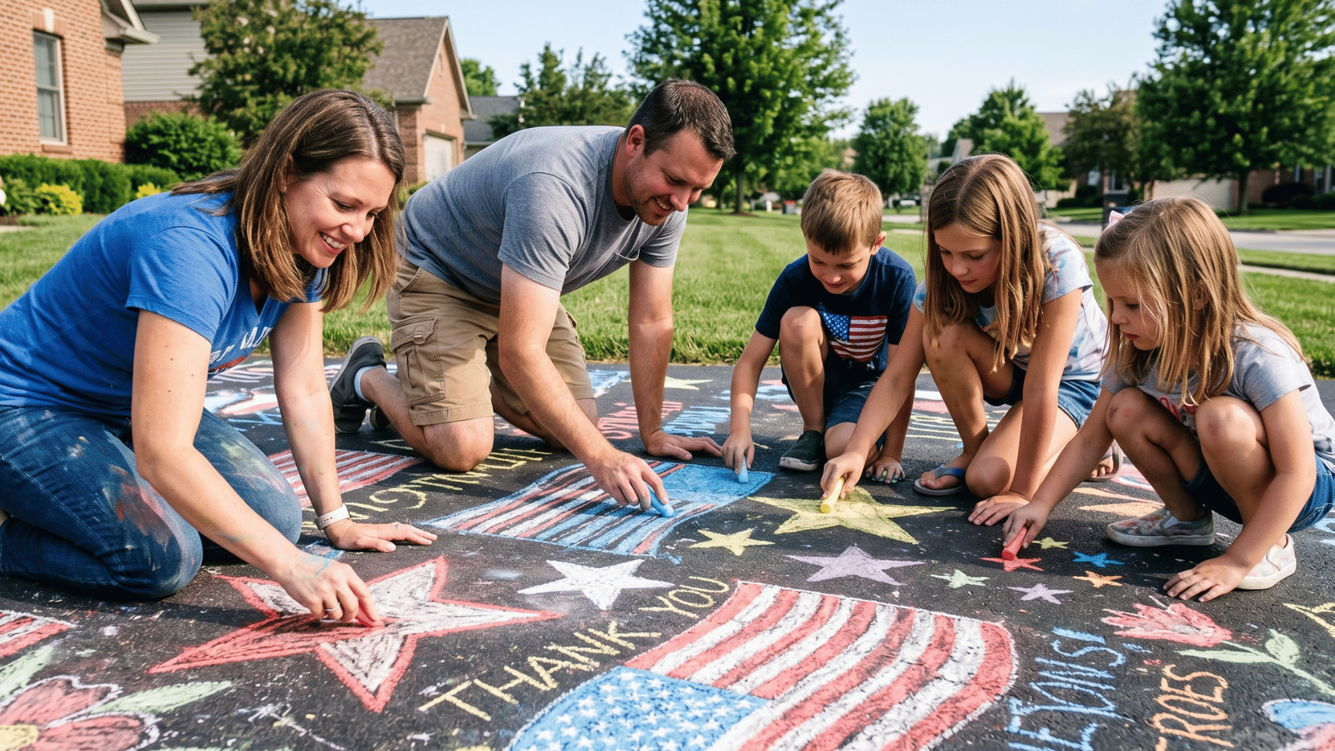 kids drawing flags with chalk on driveway, bright colors, sunny day, creative outdoor scene