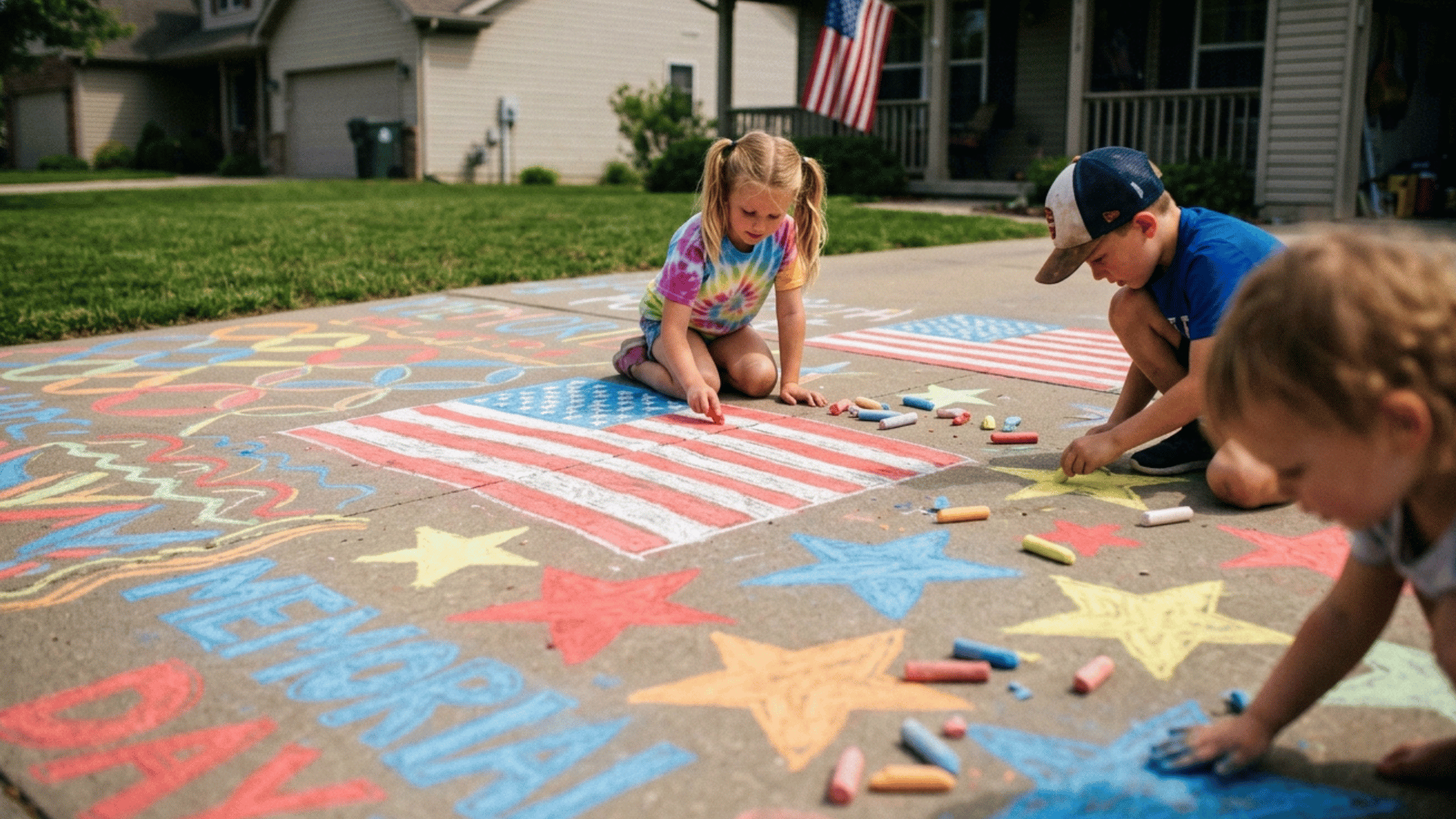 kids drawing stars and American flags using sidewalk chalk outside.