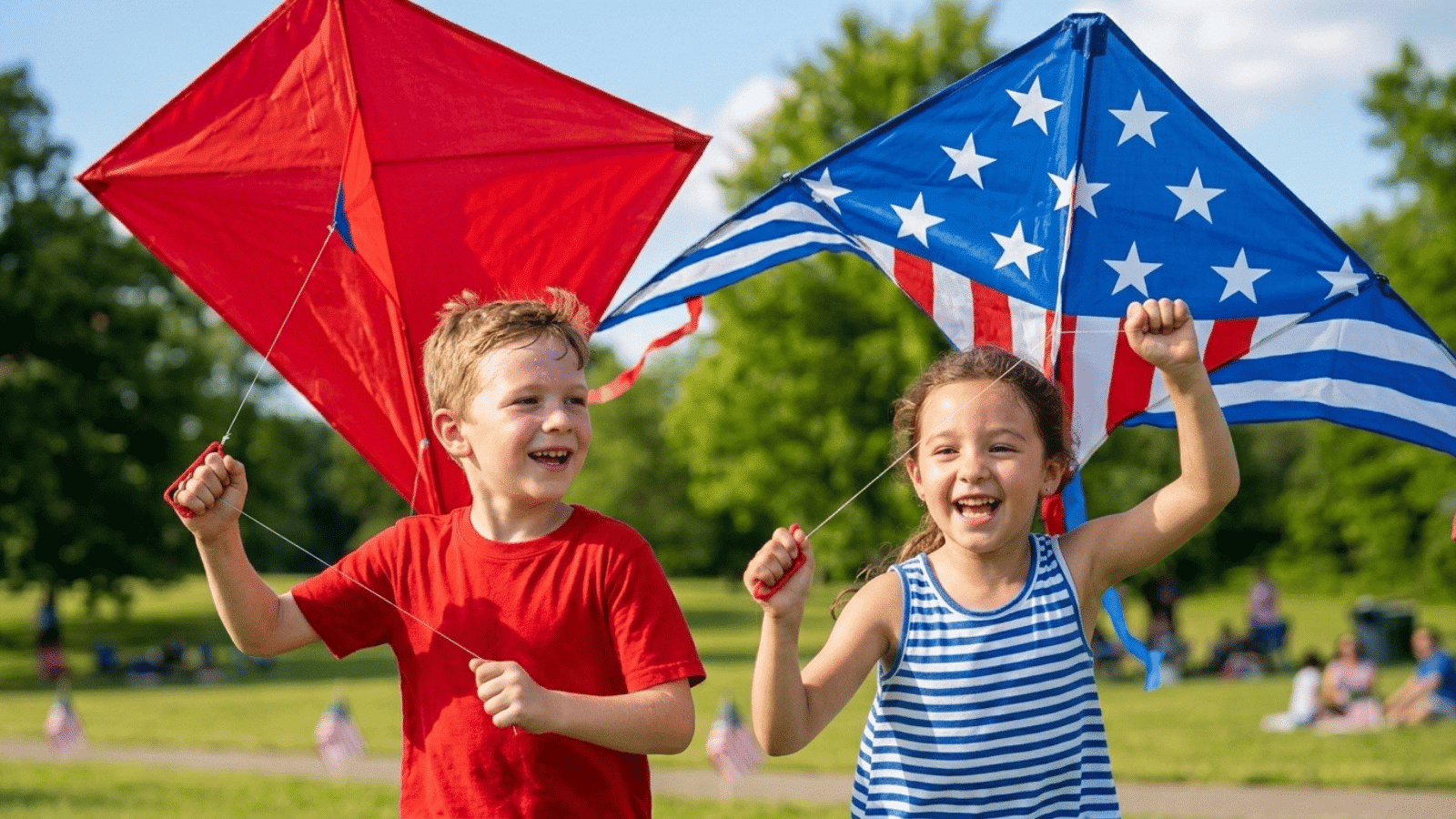kids flying red, white, and blue kites outdoors on a sunny day