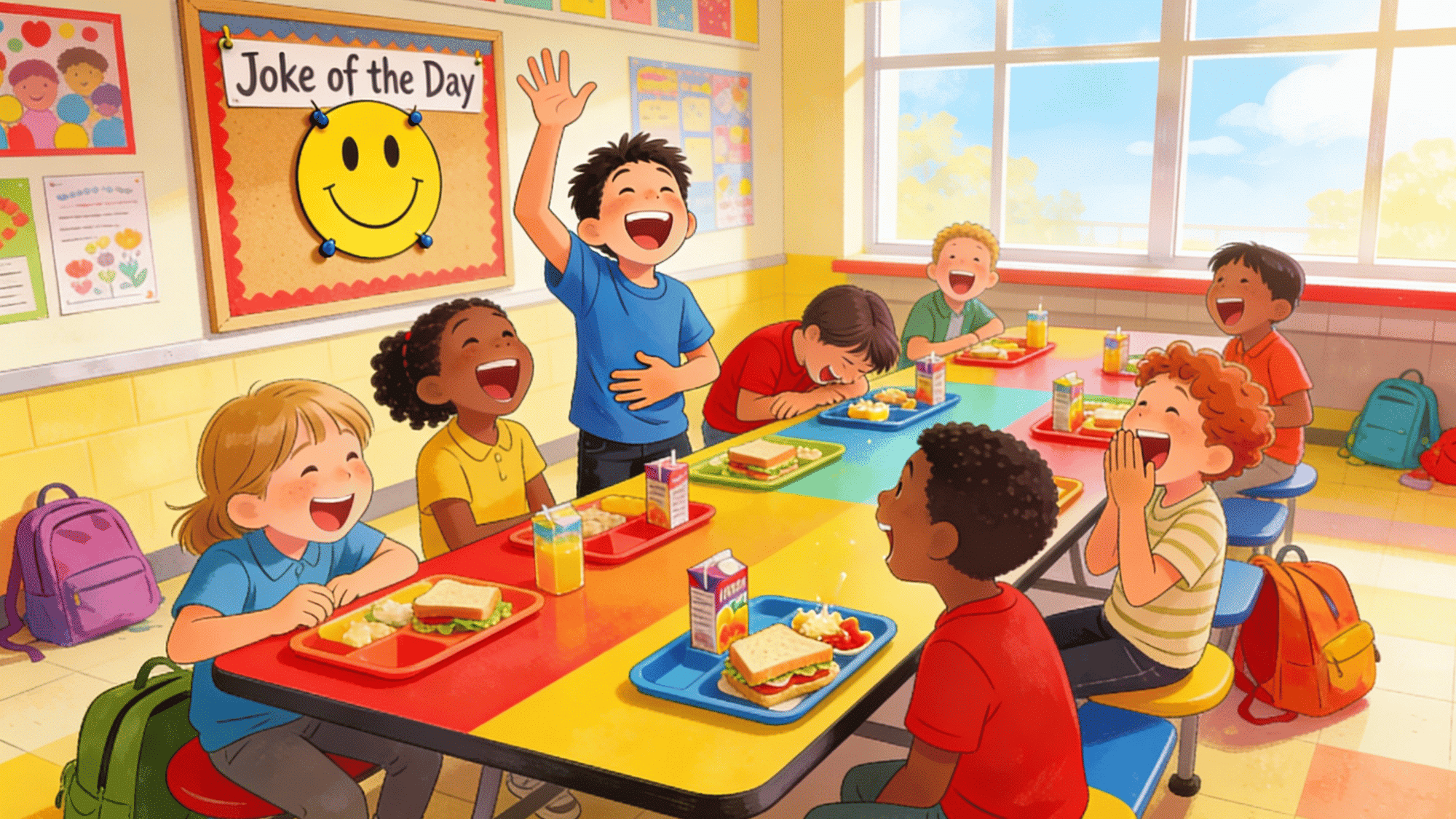 kids laughing in school cafeteria during joke of the day activity