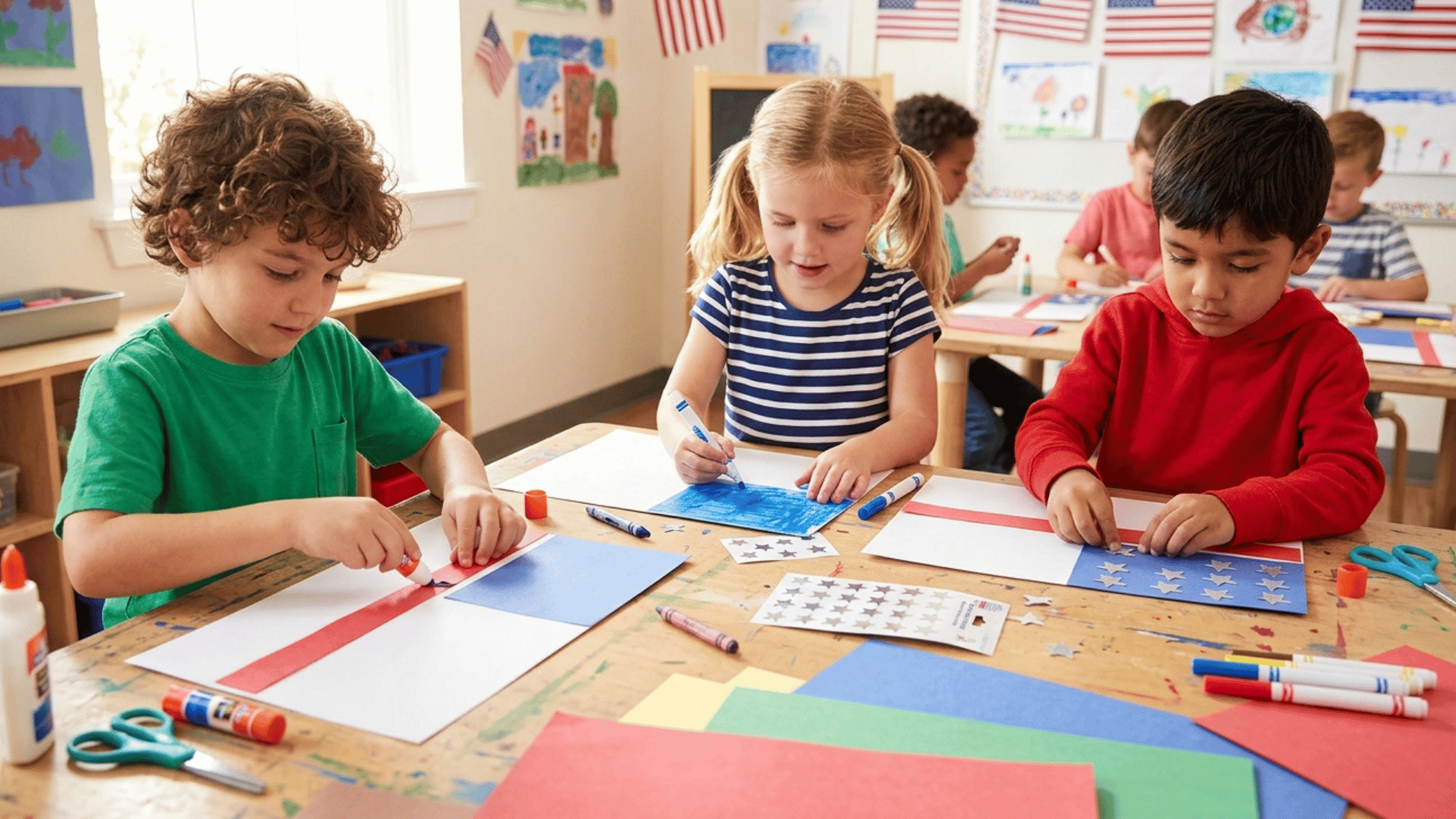 kids making patriotic paper flags with red, white, and blue craft supplies in classroom.