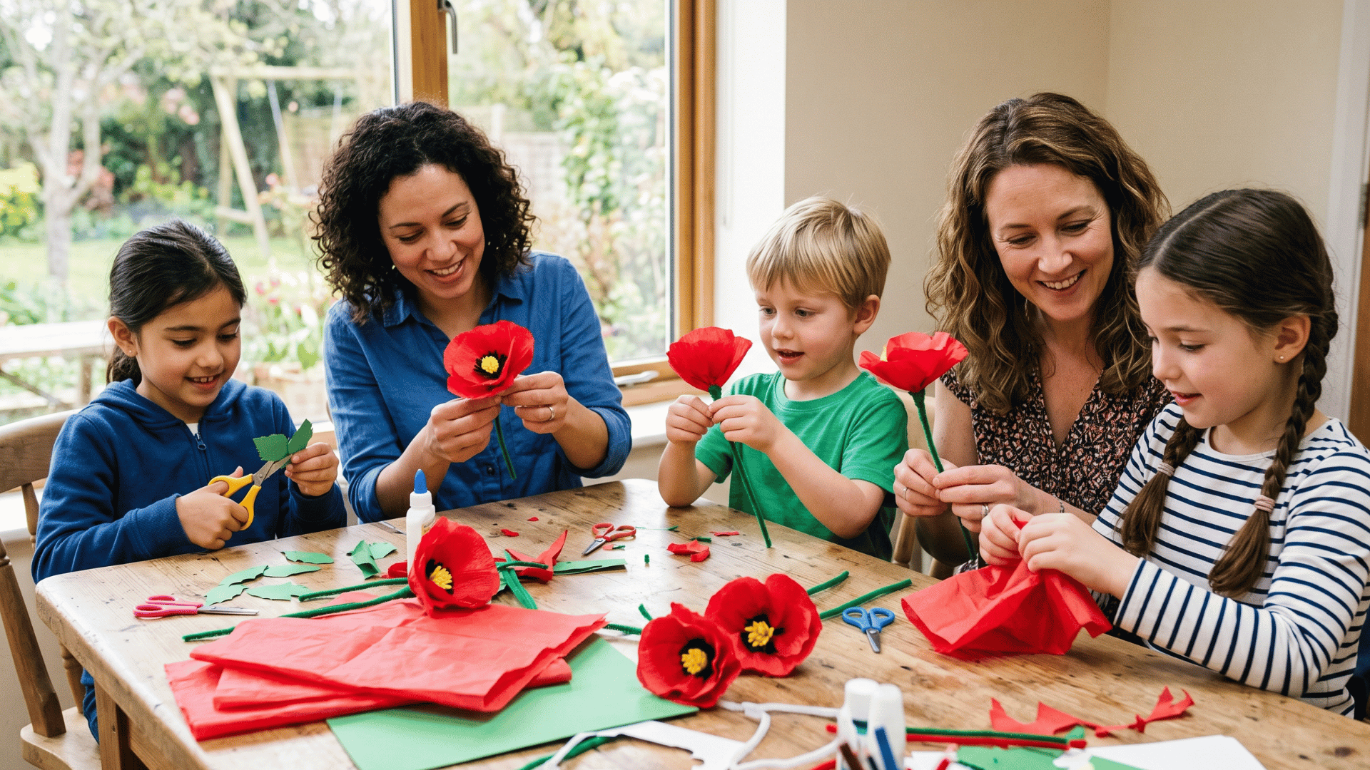 kids making red paper flowers at table, craft supplies spread out, focused and creative vibe