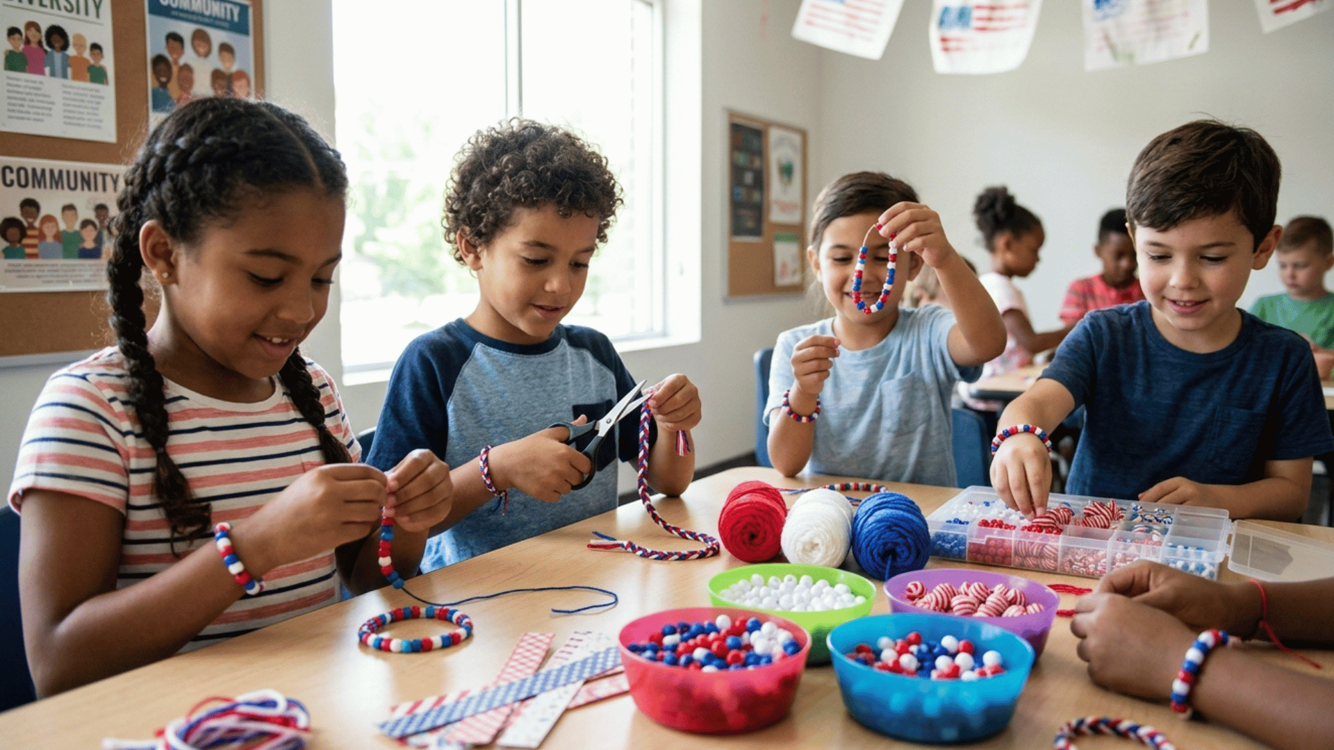 kids making red, white, and blue bracelets with beads and string at a table.