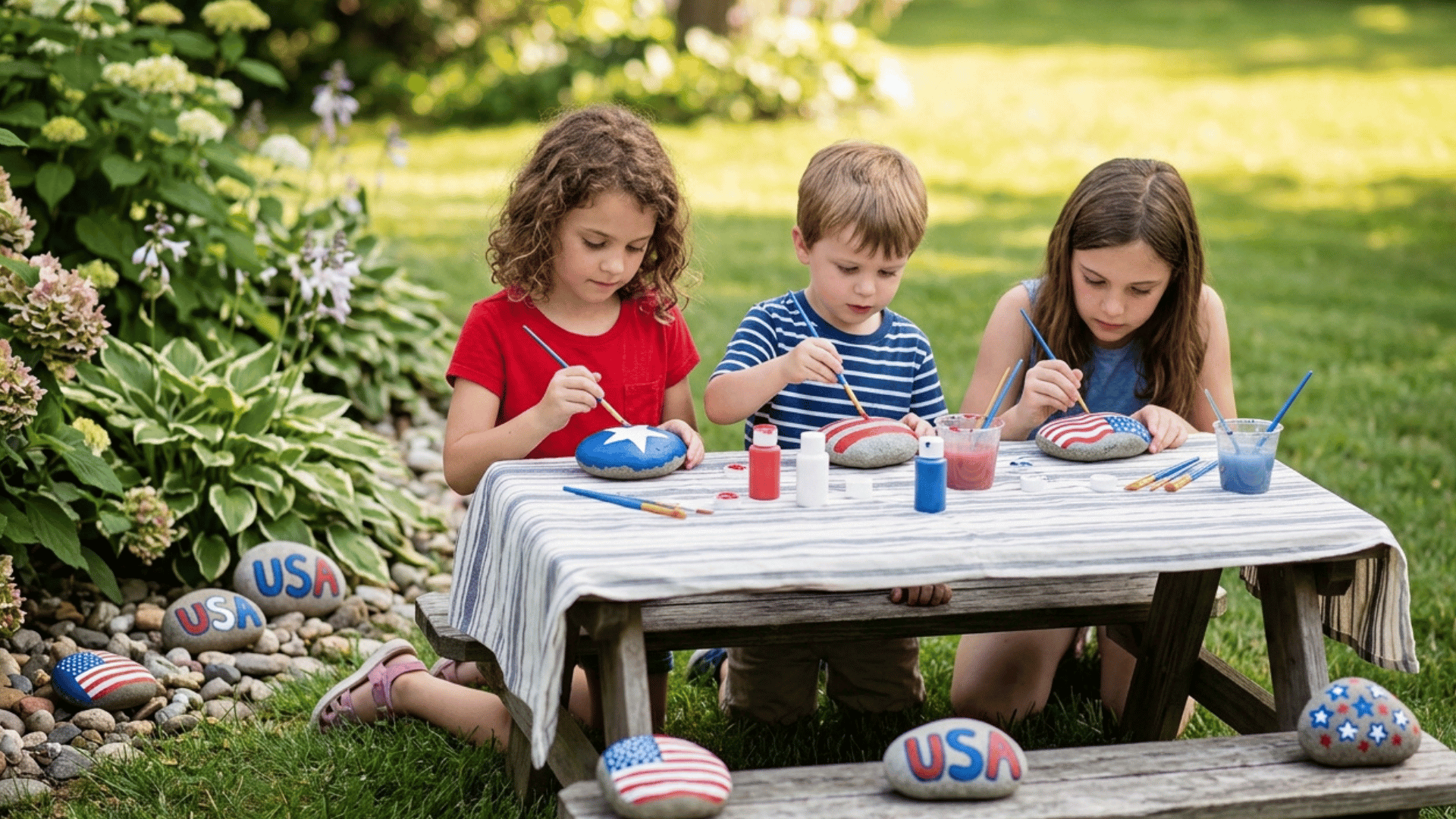kids painting rocks with patriotic designs like flags and stars outdoors.