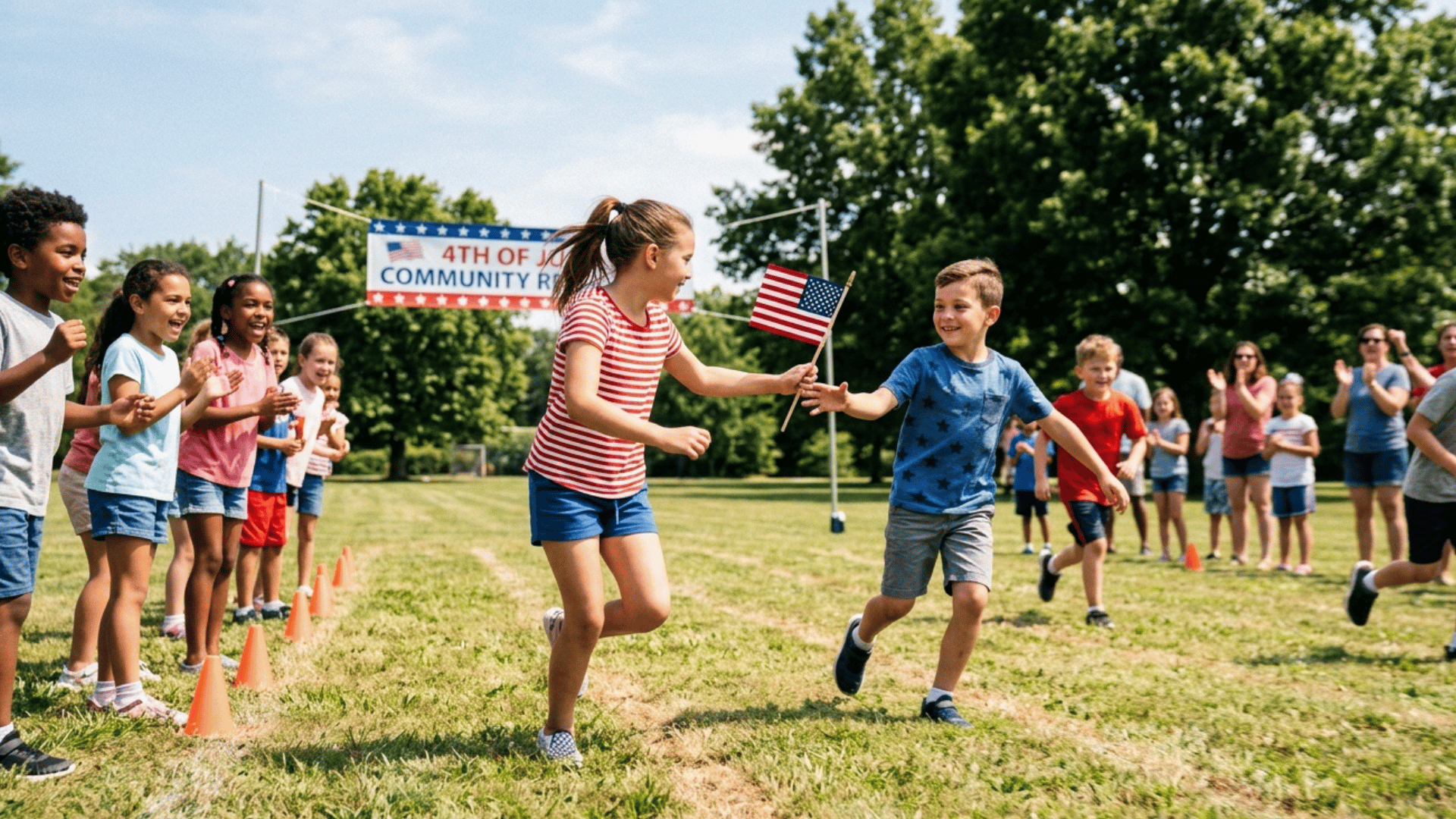 kids playing flag relay race outdoors with teammates cheering.