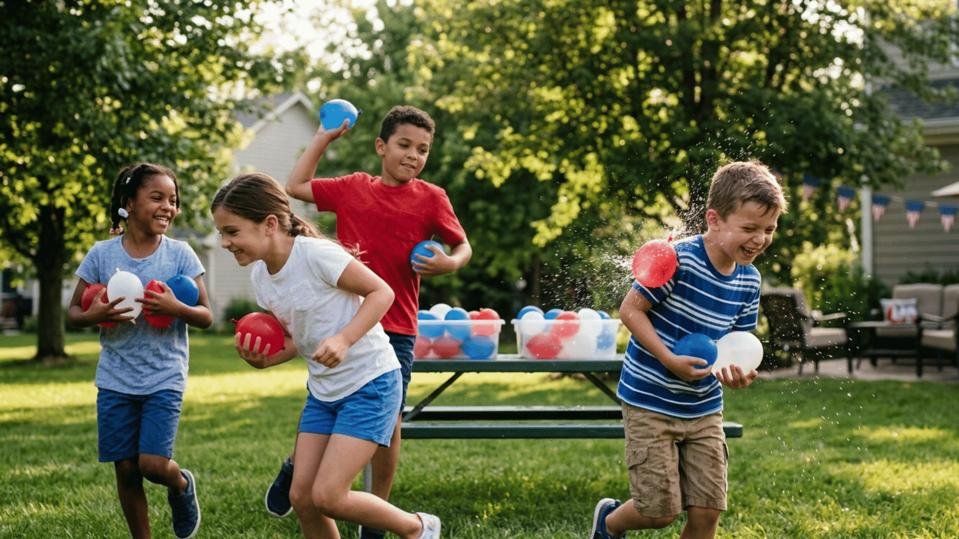 kids playing with red, white, and blue water balloons in backyard.