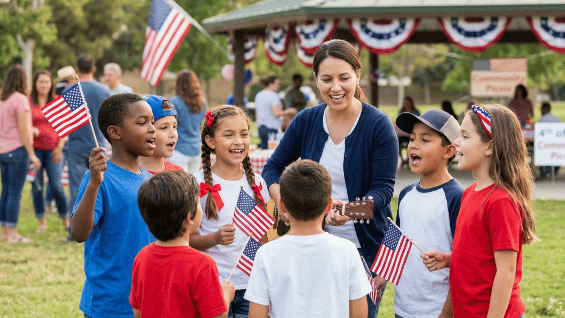 kids singing patriotic songs together outdoors while holding small American flags.