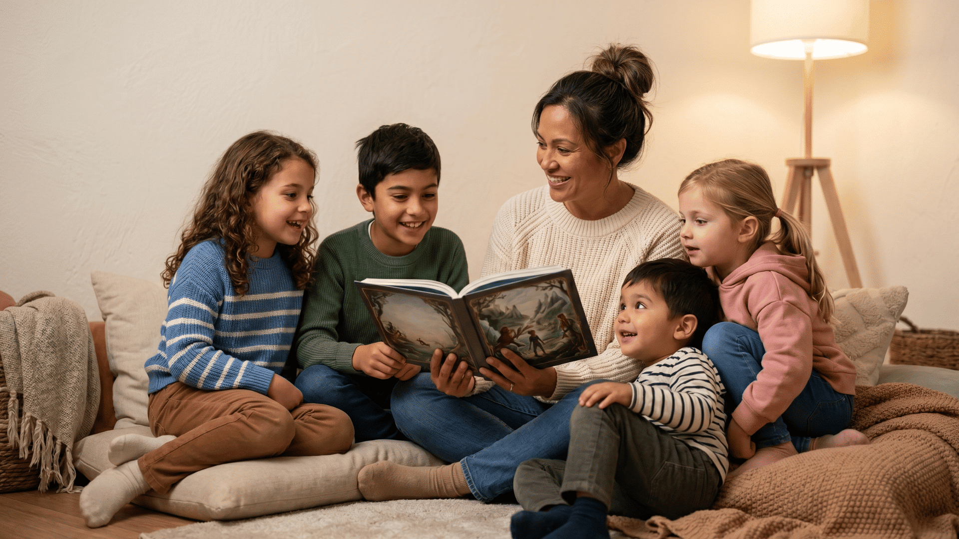 kids sitting on cushions listening to story, cozy corner with books, calm indoor setting