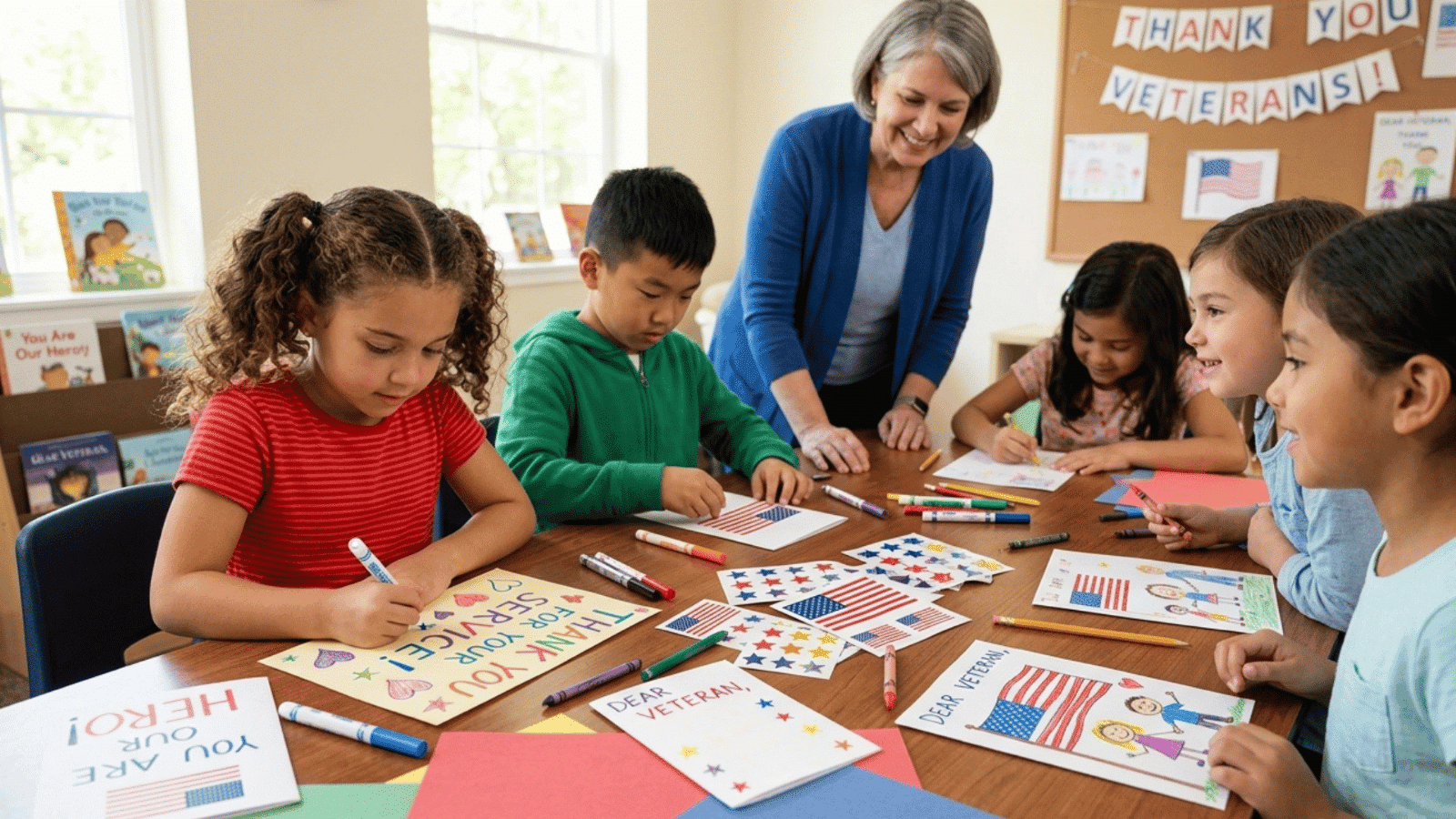 kids writing thank-you cards to veterans with drawings and patriotic colors in classroom