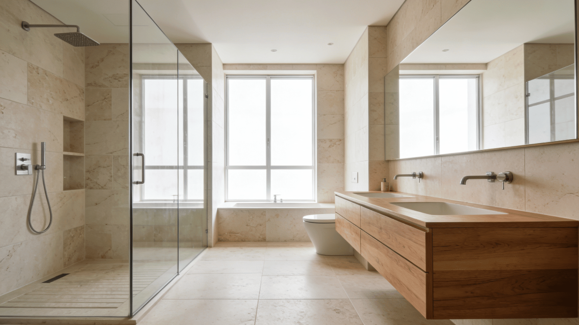 large contemporary bathroom with floating wood cabinet glass shower soft beige stone tiles and natural daylight