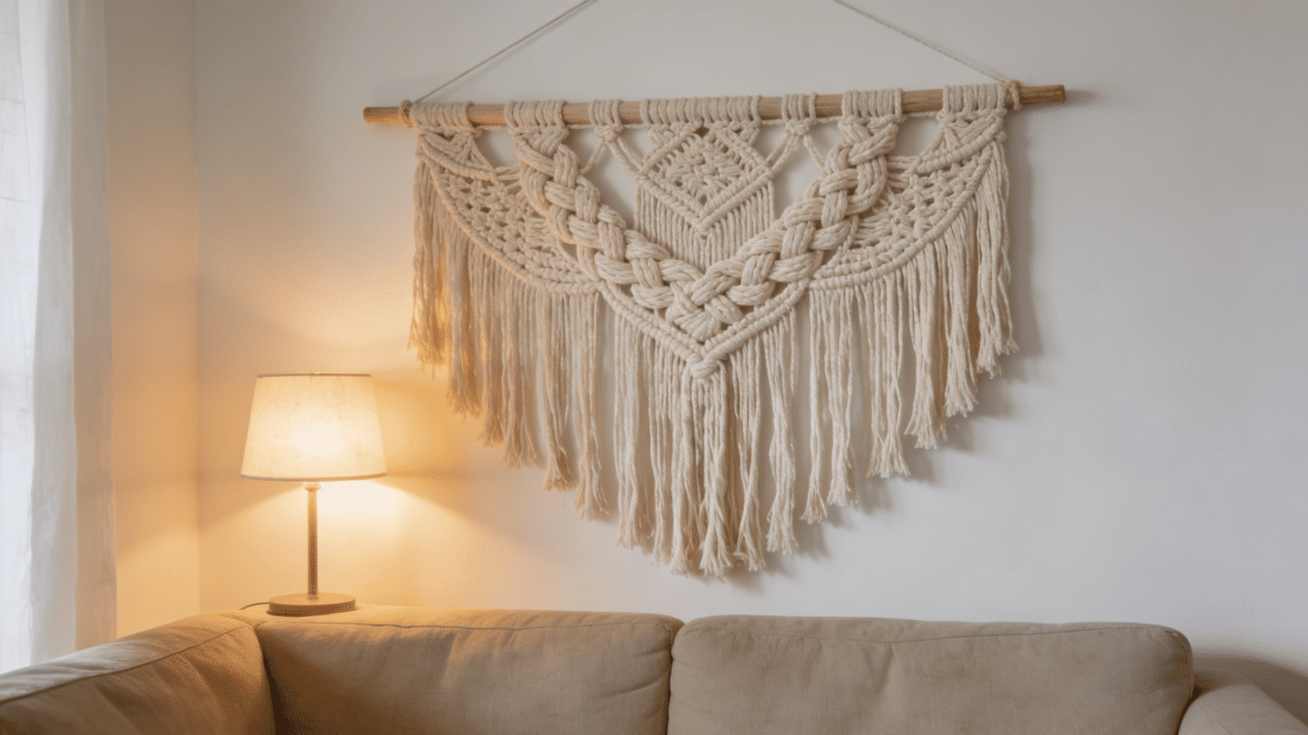 large macrame wall hanging above beige sofa with warm lamp lighting and soft neutral decor