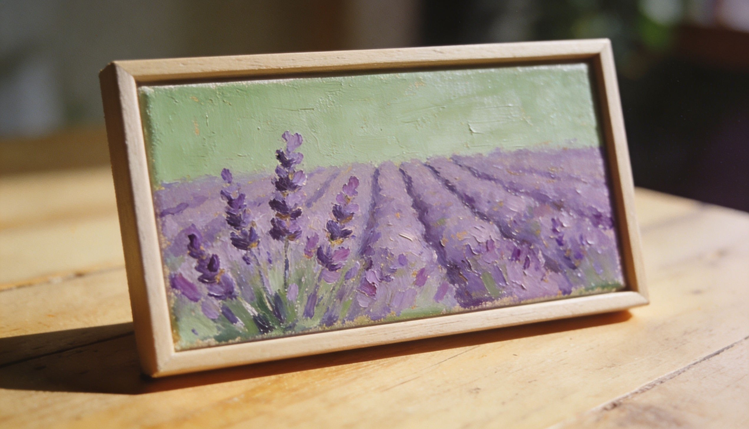 Framed lavender field painting with rows of purple flowers stretching into the distance.