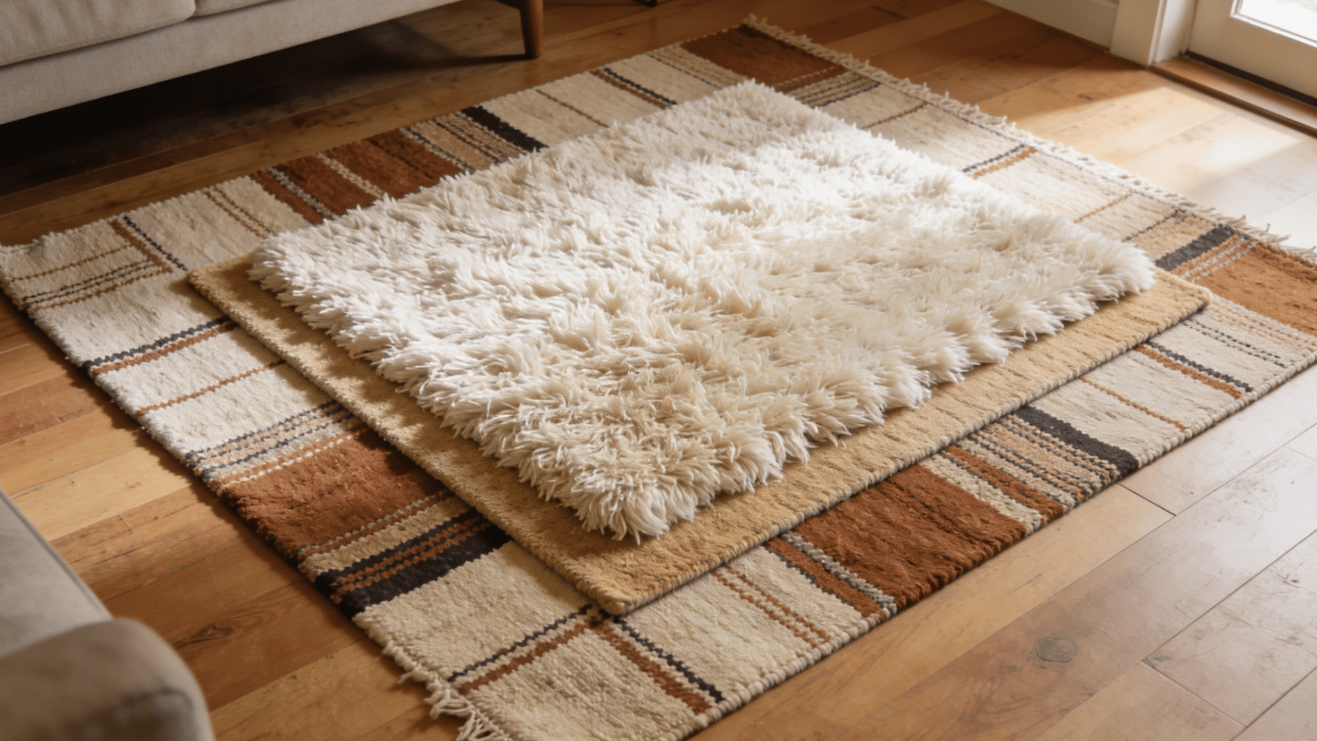 layered boho rugs with fluffy cream shag texture on wooden floor in warm sunlit living room