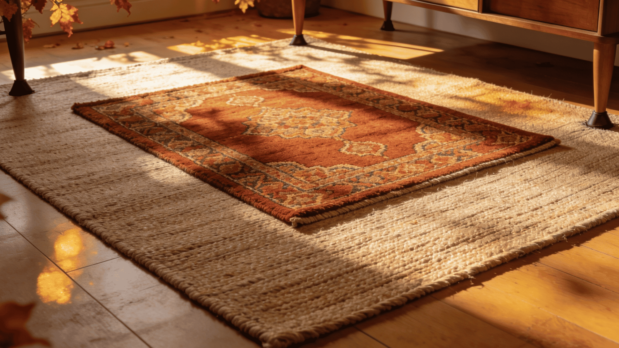 layered jute and rust patterned wool rugs on a living room floor in a warm fall decorated home