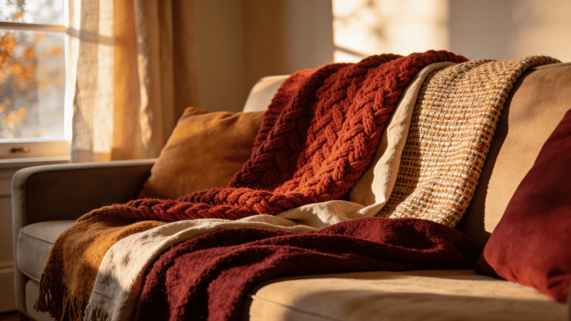 layered throw blankets in rust and burgundy on a cozy fall living room sofa with warm afternoon light