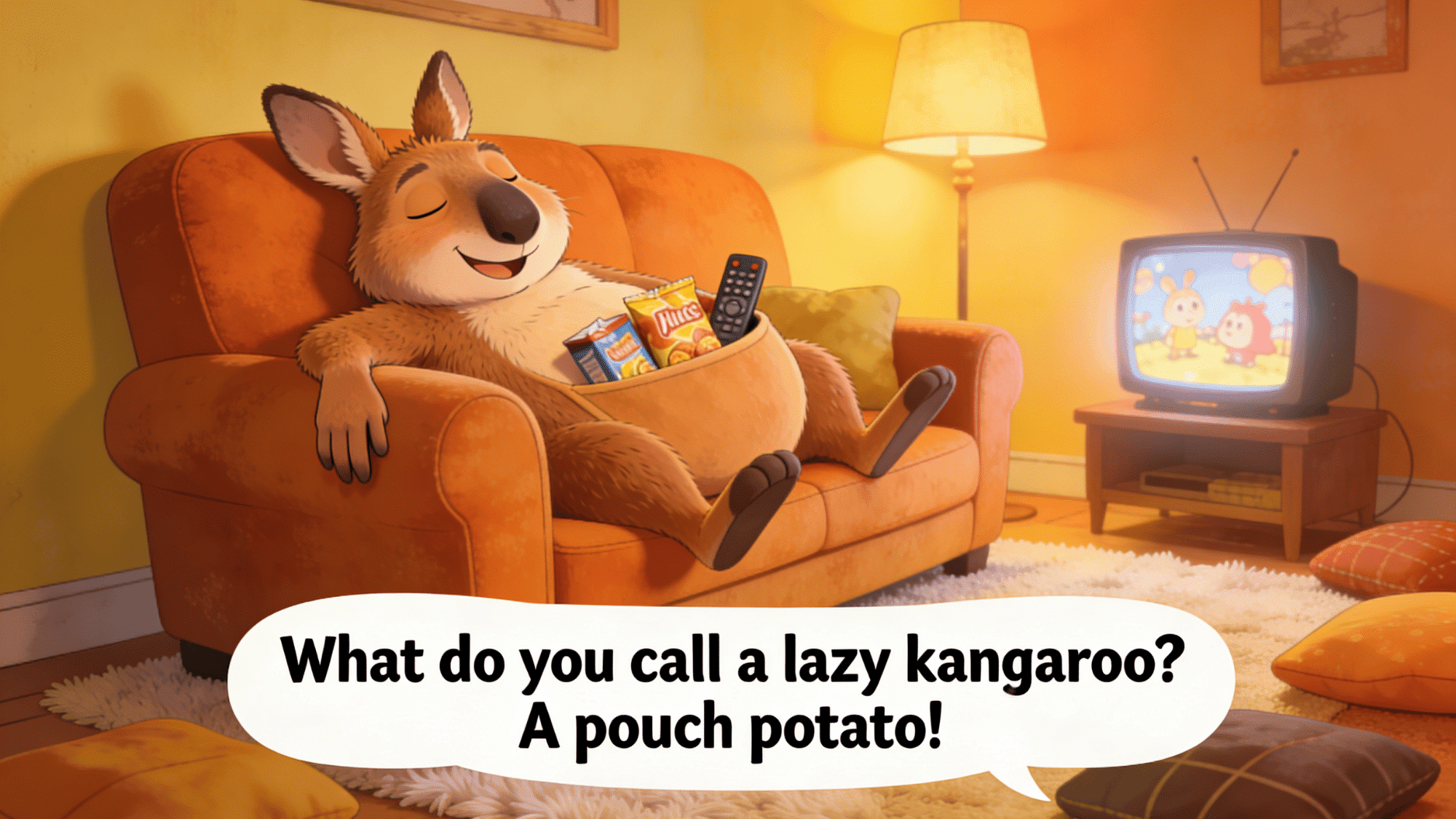 lazy kangaroo relaxing on couch watching tv with funny pouch potato joke