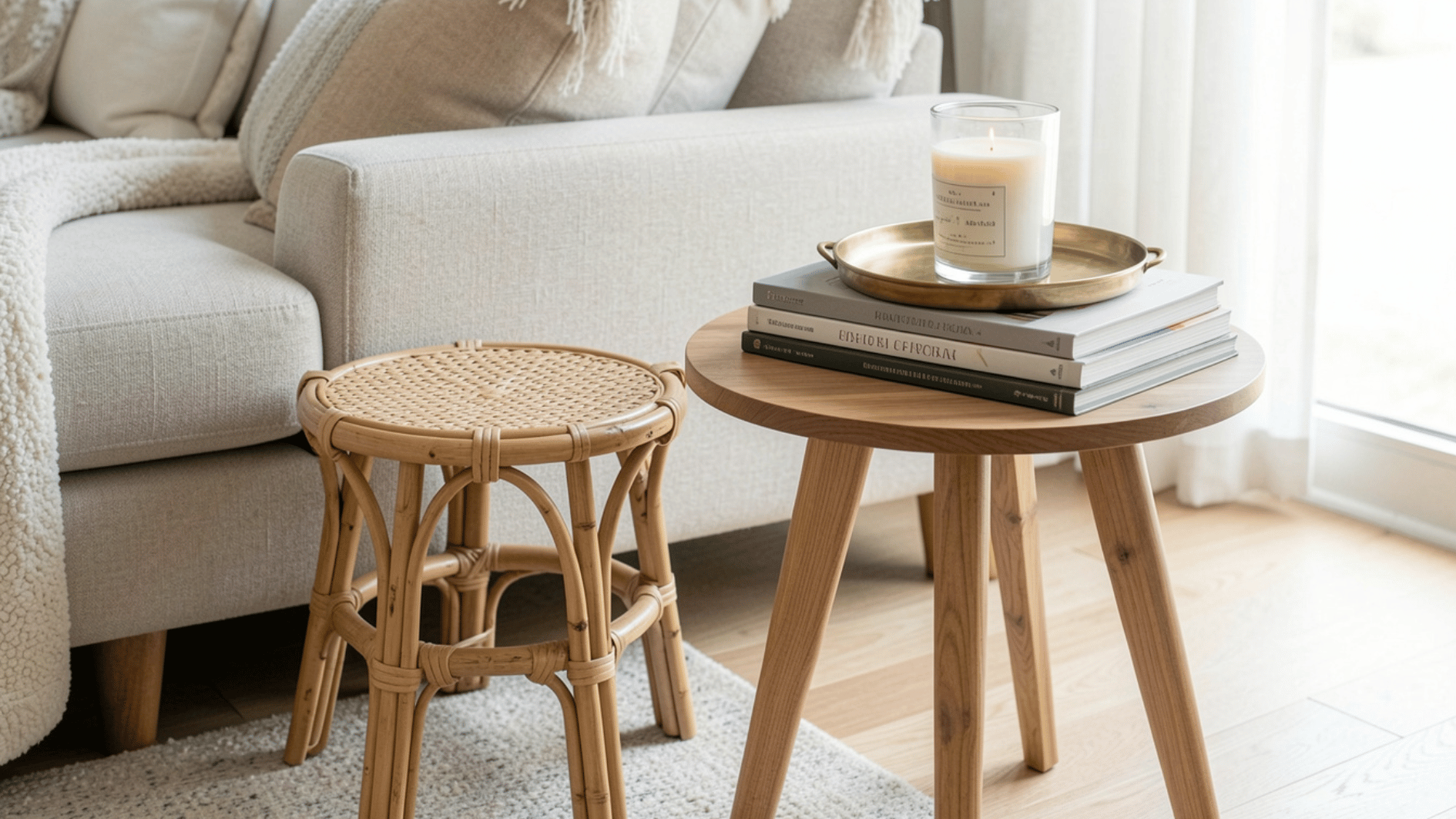 light wood side table with candle books woven stool and soft neutral living room decor