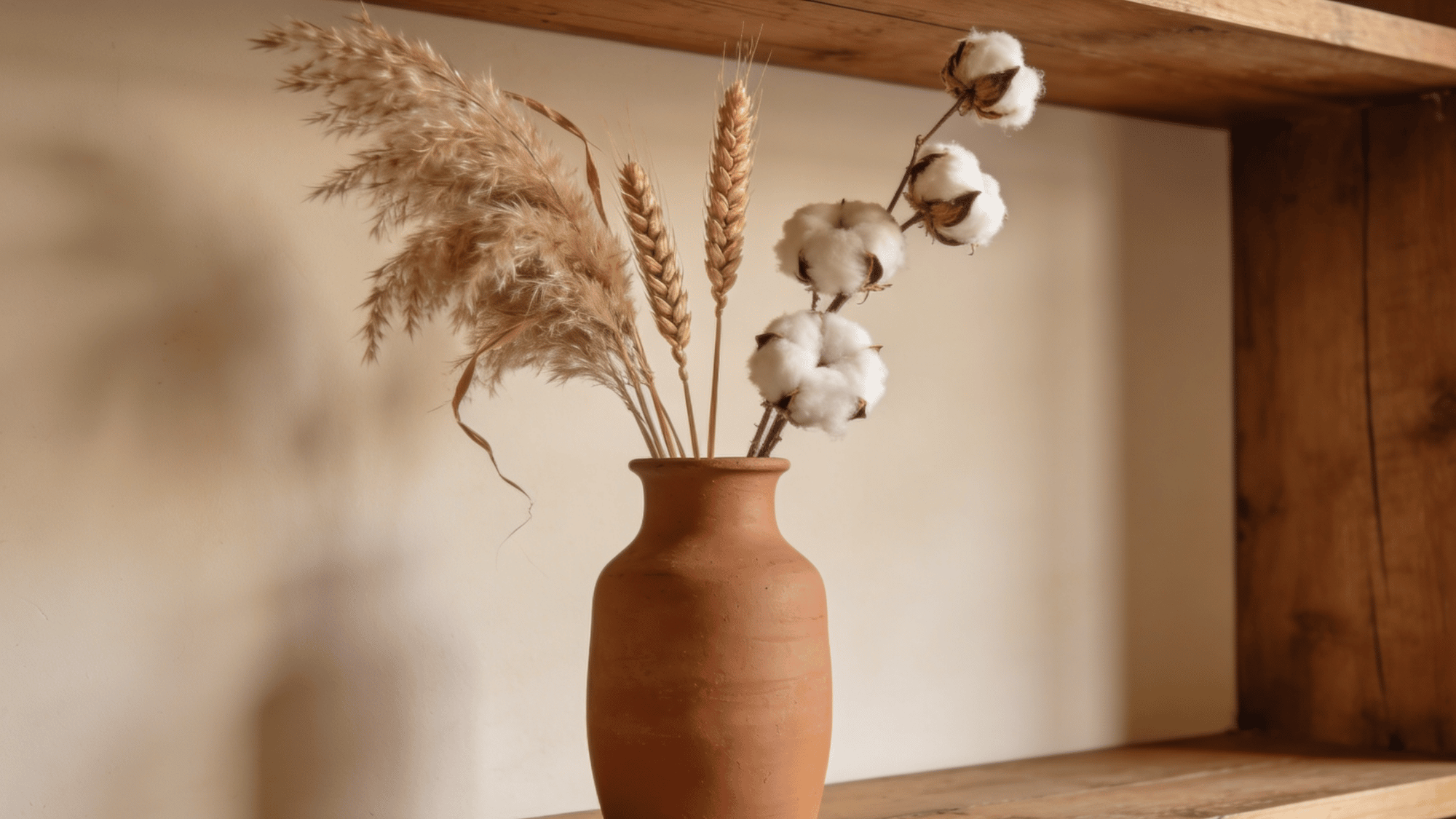 loose dried pampas wheat and cotton stem arrangement in a terracotta vase on a wooden shelf in fall