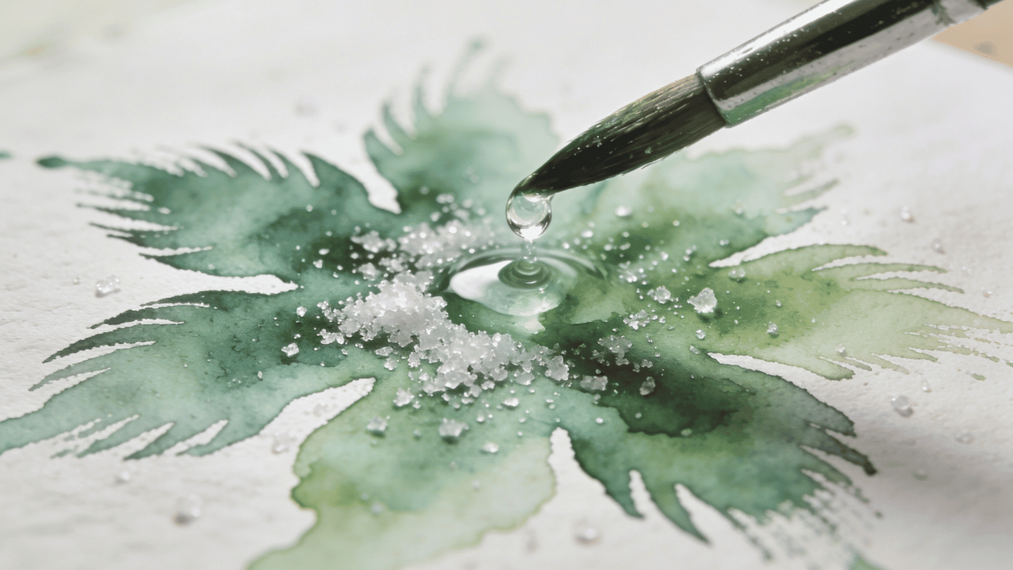 macro shot of watercolor bloom effect with water droplet and salt crystals on green paint