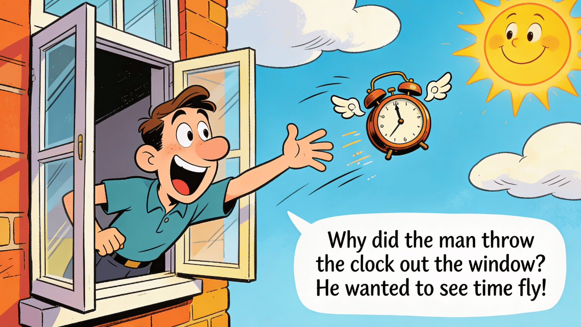 man throwing clock out window to see time fly funny cartoon