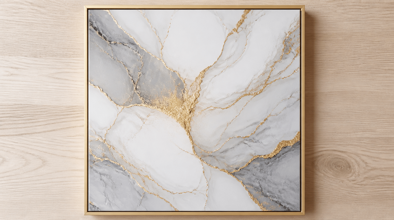 A framed square canvas with a luxurious swirled marble pattern in white, soft grey, and metallic gold veins.