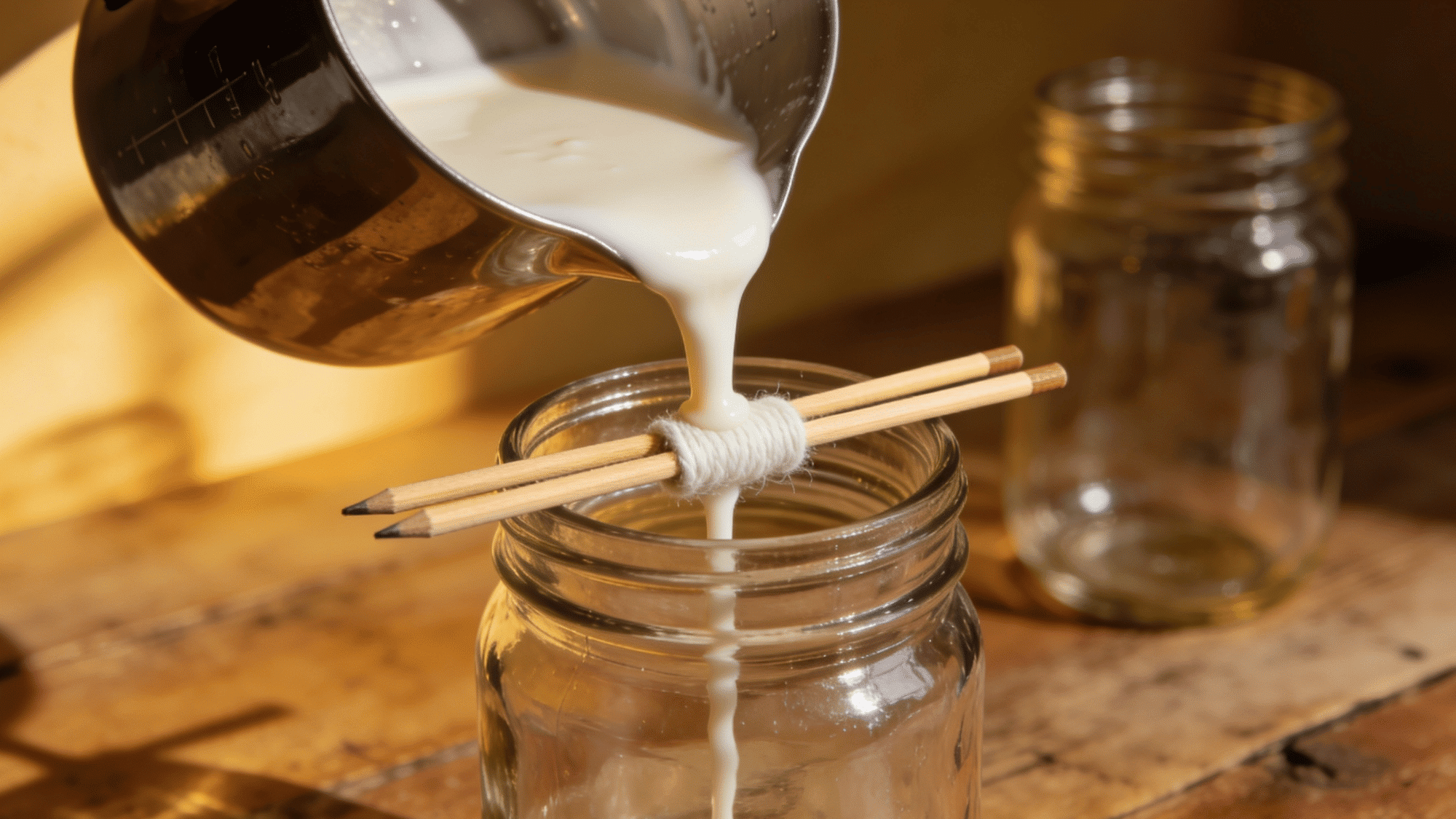 melted soy wax being poured from a pitcher into a glass mason jar with a centered cotton wick inside.
