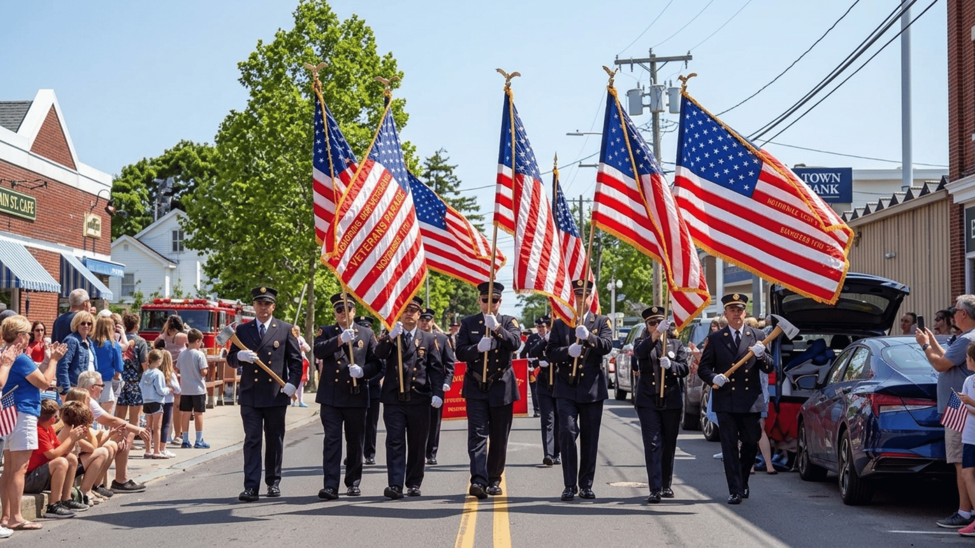 memorial Day parade with veterans carrying American flags through a small town as crowds gather to honor service members.