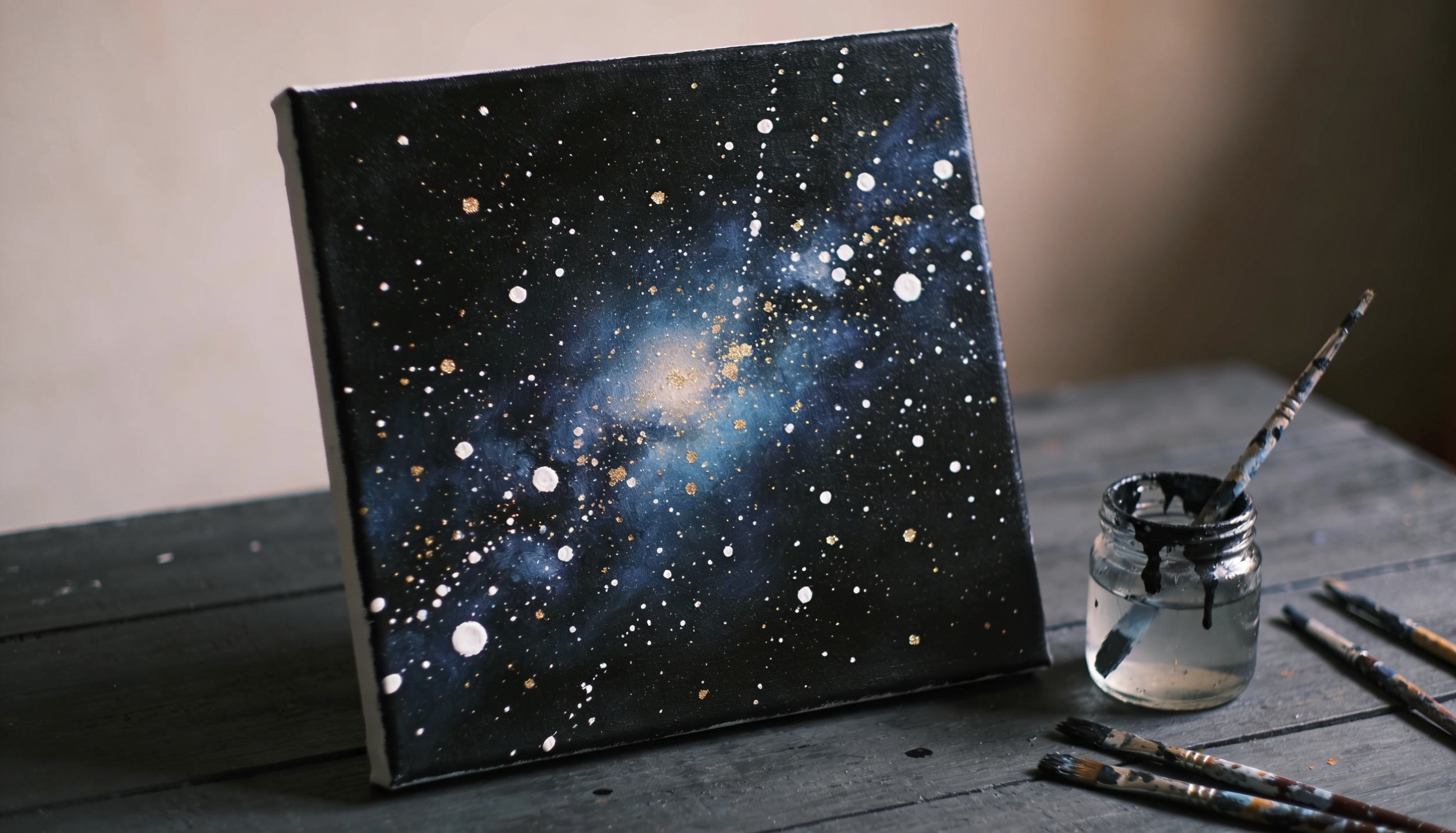 Midnight galaxy painting on canvas with white and gold star splatters beside paint brushes.
