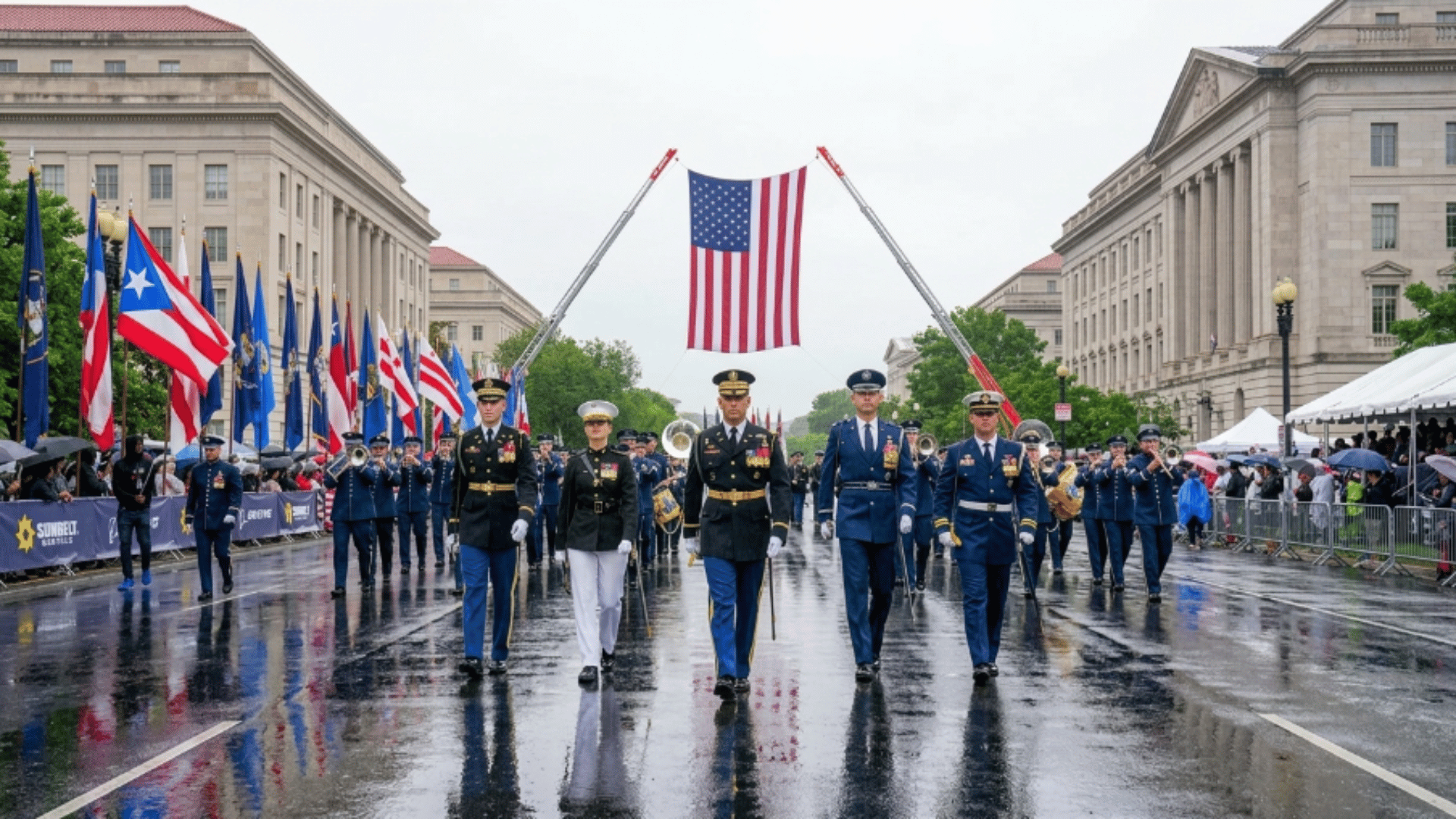 military honor guard marching in a rainy Memorial Day parade beneath a large American flag in Washington, D.C.