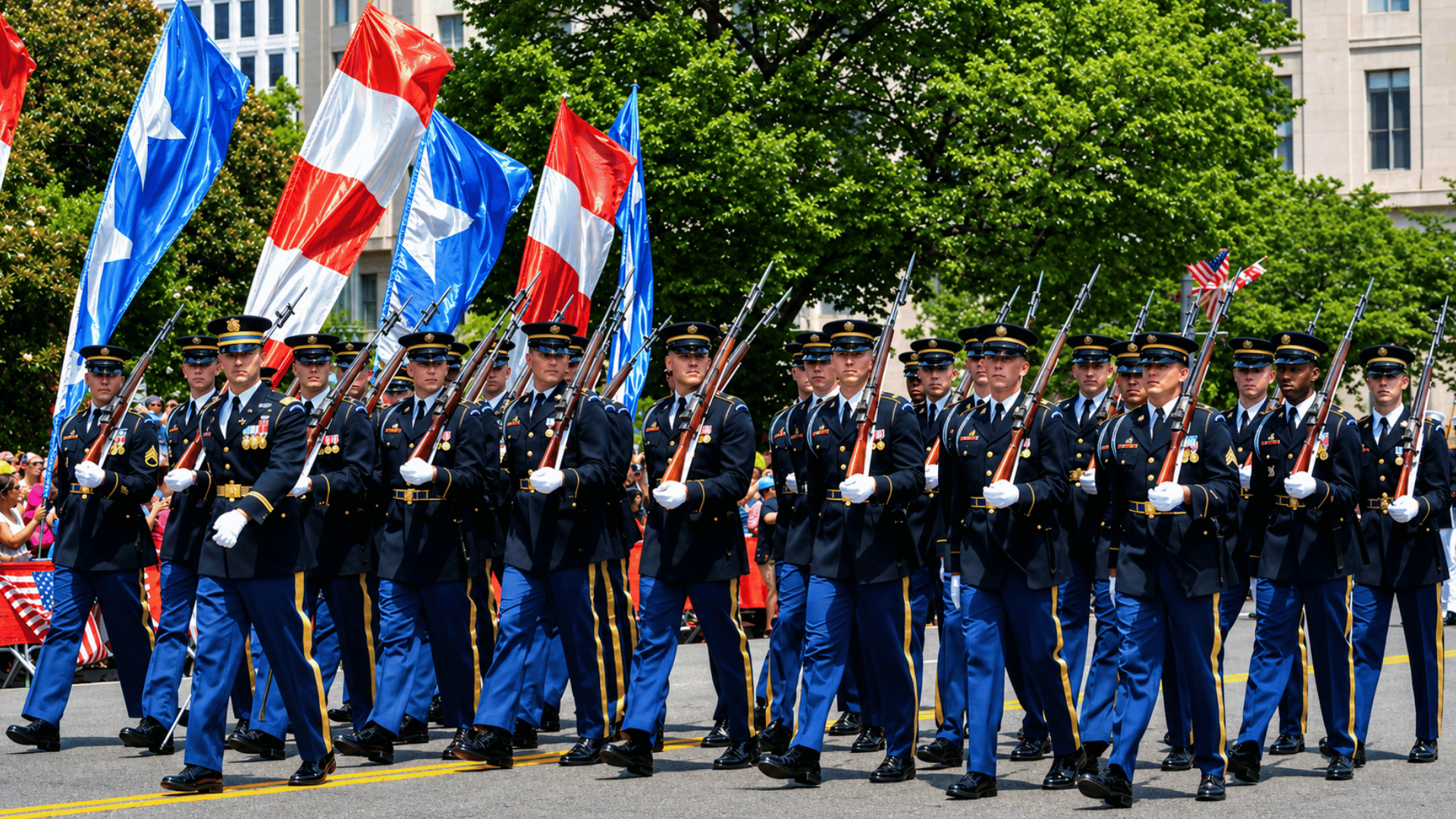 military members marching in a memorial day parade with american flags during a patriotic city celebration