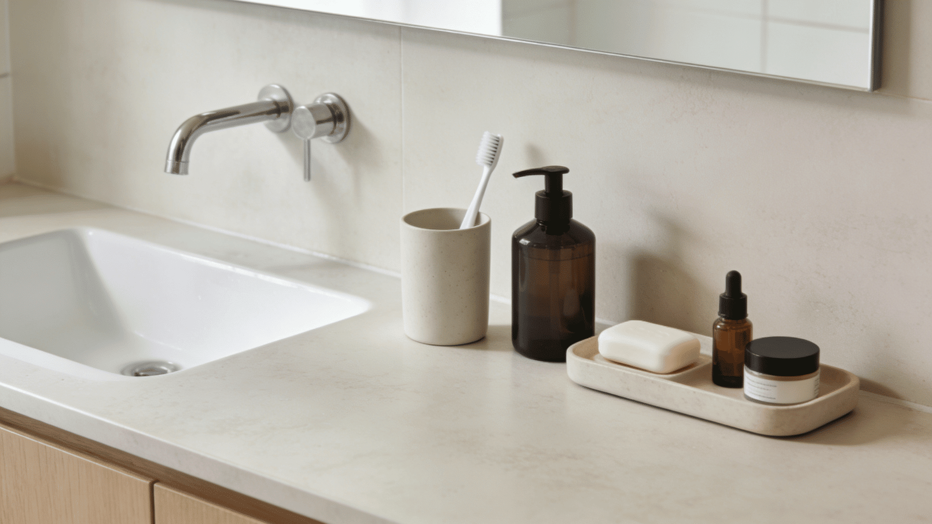 minimal bathroom counter with wall mounted faucet soap dispenser toothbrush holder and neutral skincare accessories