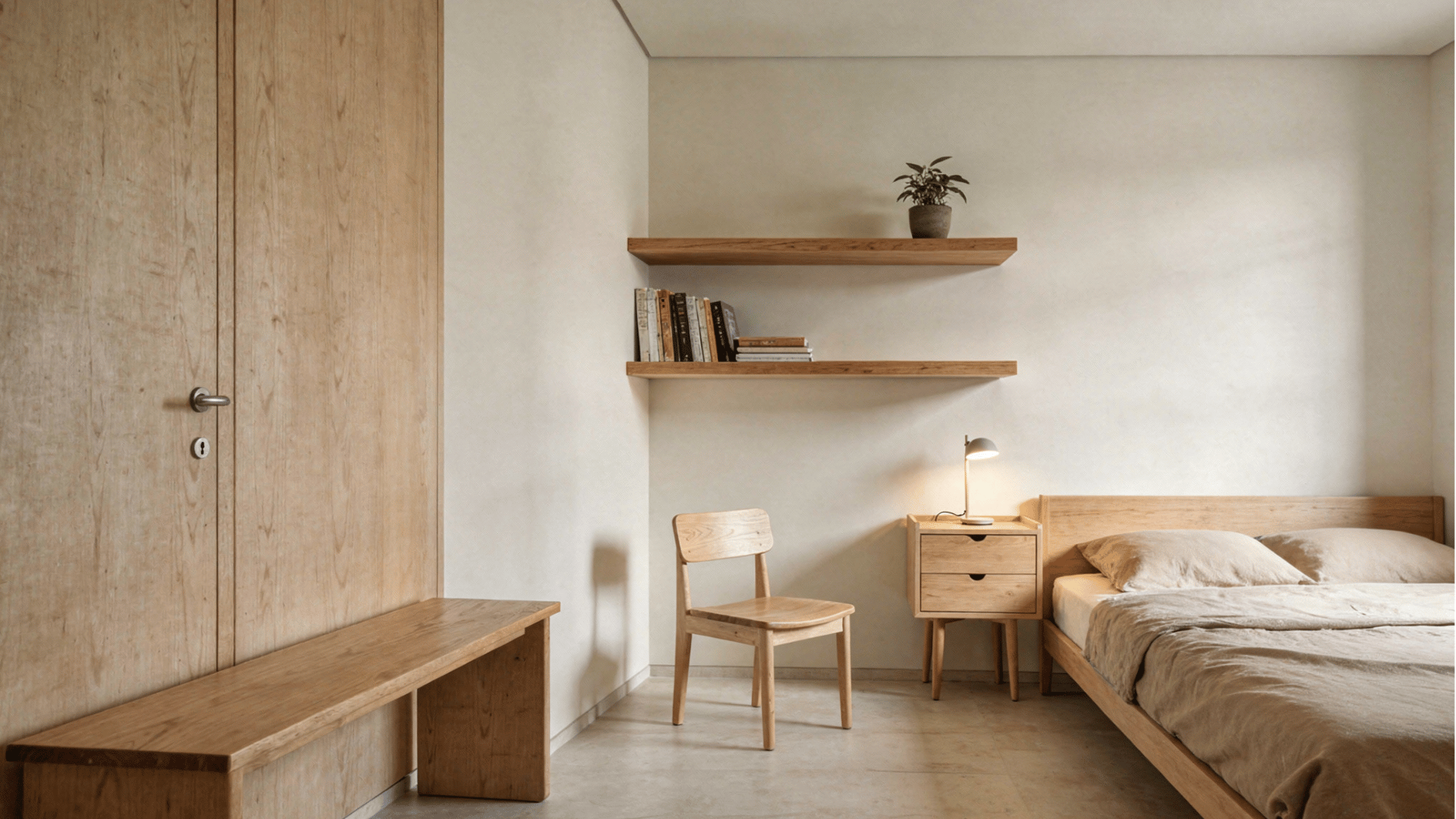 minimal bedroom with wooden furniture floating shelves and soft neutral decor in warm natural lighting