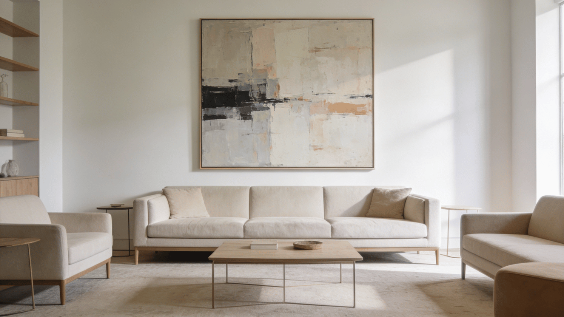 minimal living room with beige sofas abstract wall art wooden table and soft natural sunlight indoors