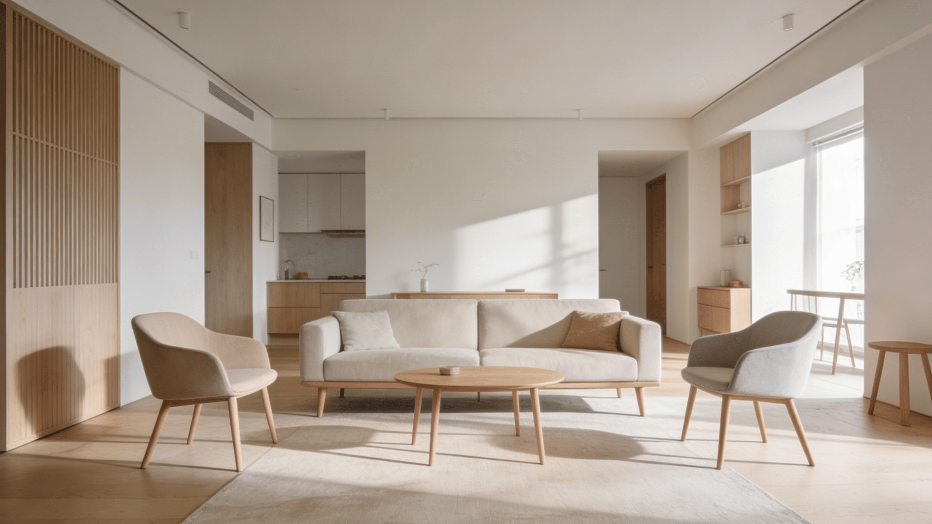 minimal modern living room with beige sofa armchairs round table and soft sunlight across wooden floor