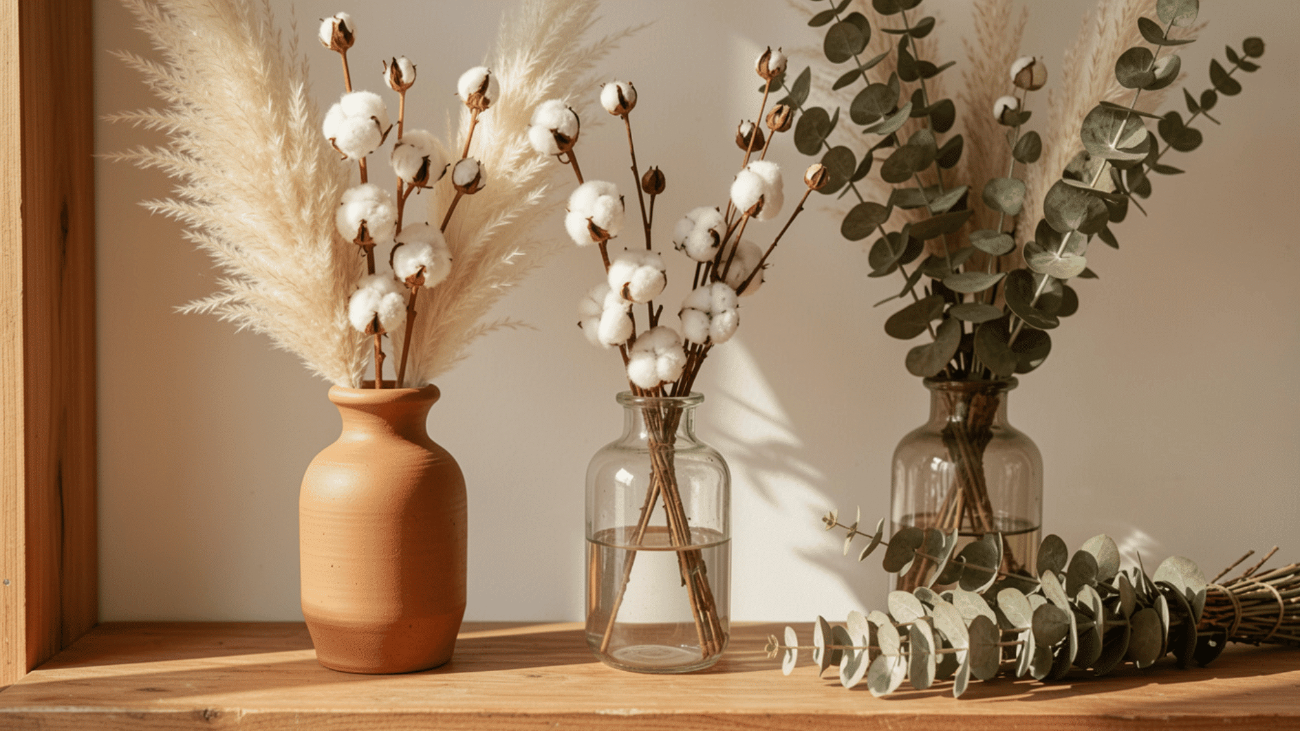 minimalist dried floral arrangement with pampas grass cotton stems and eucalyptus in glass vases indoors