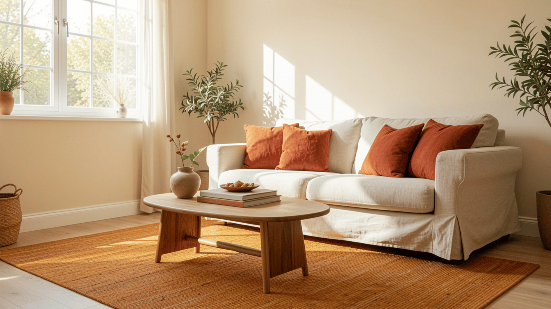 minimalist living boho room with white sofa rust cushions wooden table soft sunlight and indoor plants