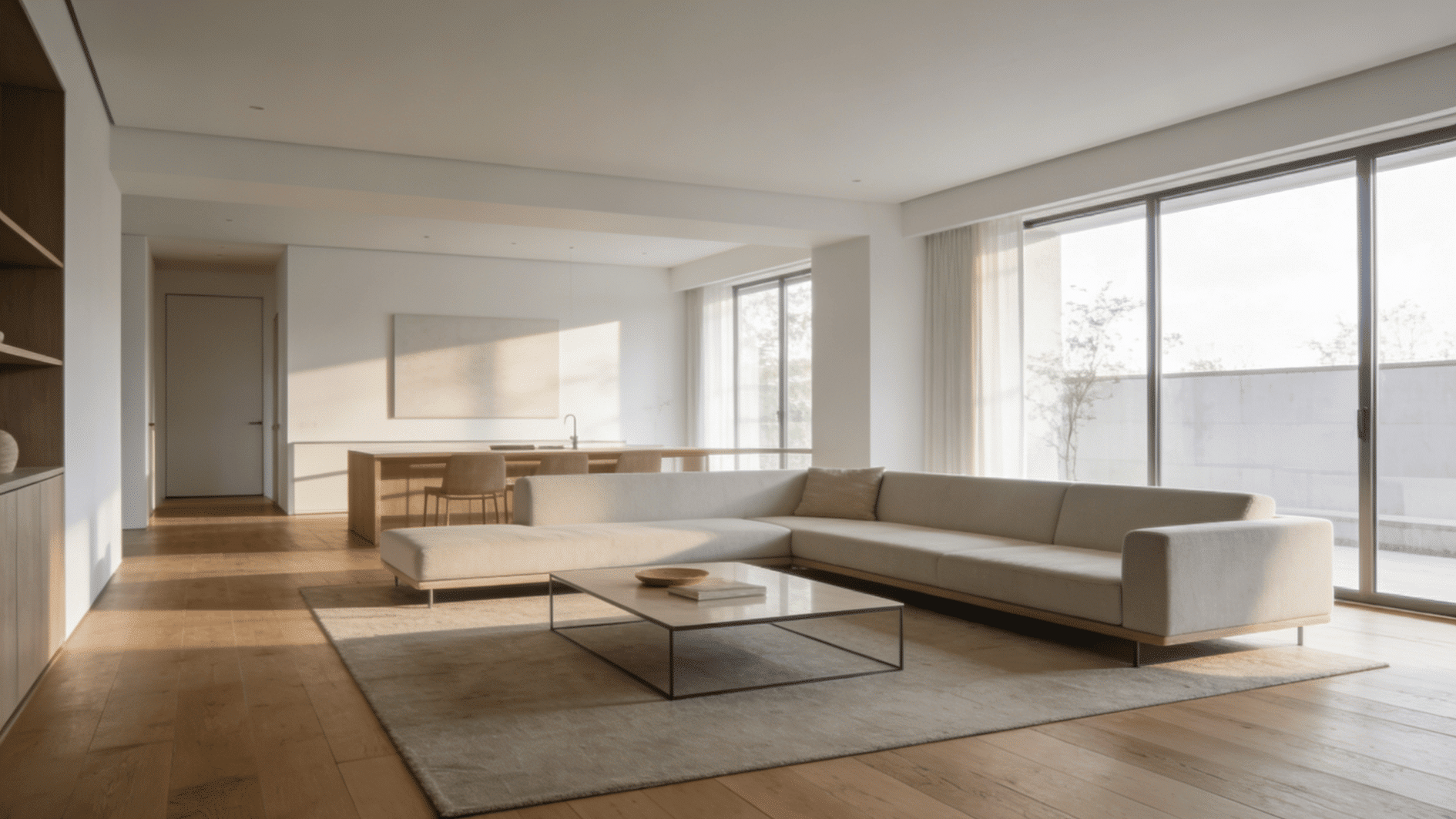 minimalist open plan living room with large sectional sofa low coffee table and warm natural sunlight through glass doors