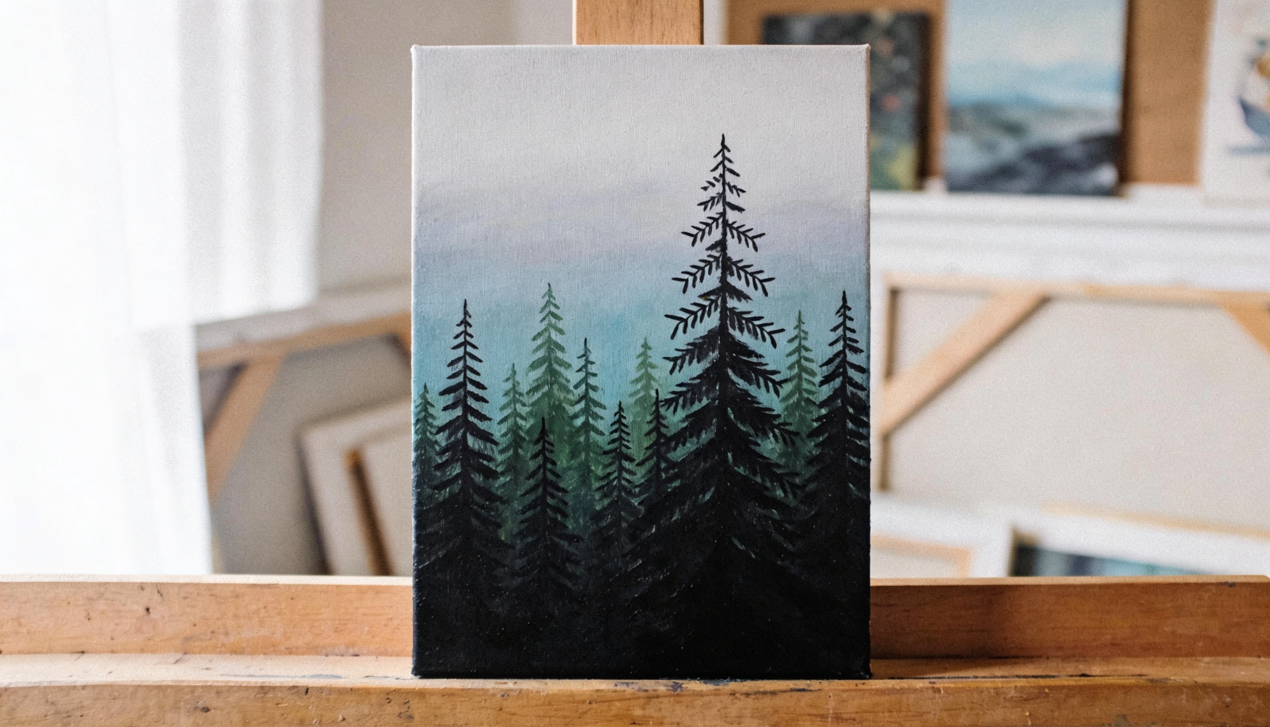 Beginner pine tree silhouette painting on canvas, displayed on a wooden easel in an art studio.