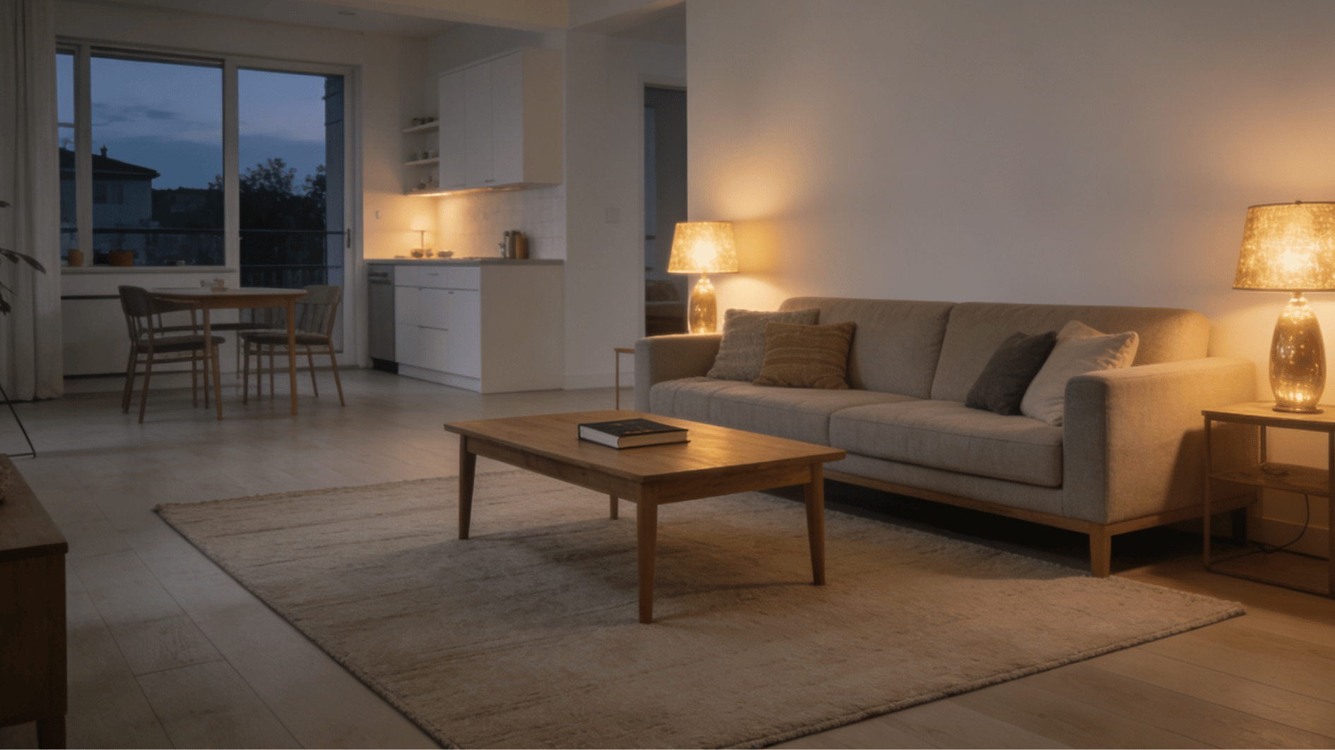 modern cozy apartment living room with warm lamps beige sofa wooden table and open kitchen at dusk
