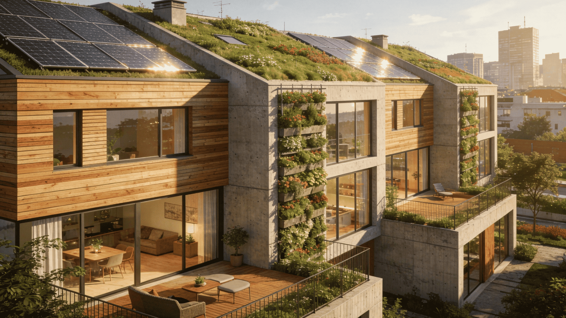 modern eco-friendly townhouse with green roof, solar panels, and vertical gardens in warm sunset city setting