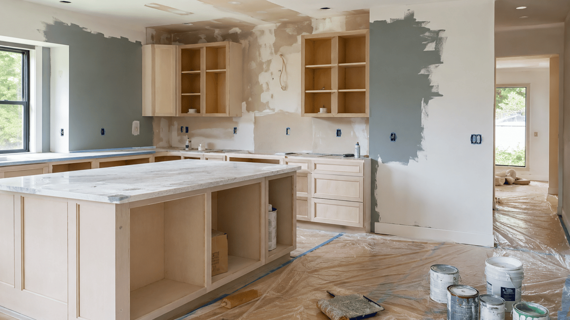 modern kitchen remodel in progress with unfinished cabinets marble island fresh paint and renovation supplies inside bright home interior