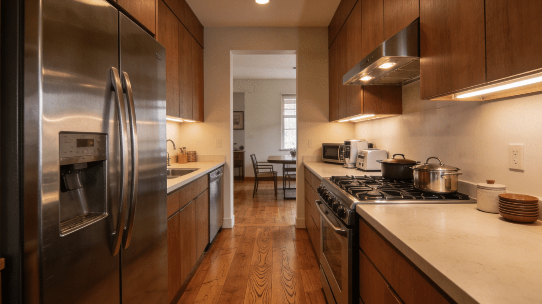 modern narrow kitchen with wood cabinets stainless steel appliances and warm lighting in finished home interior